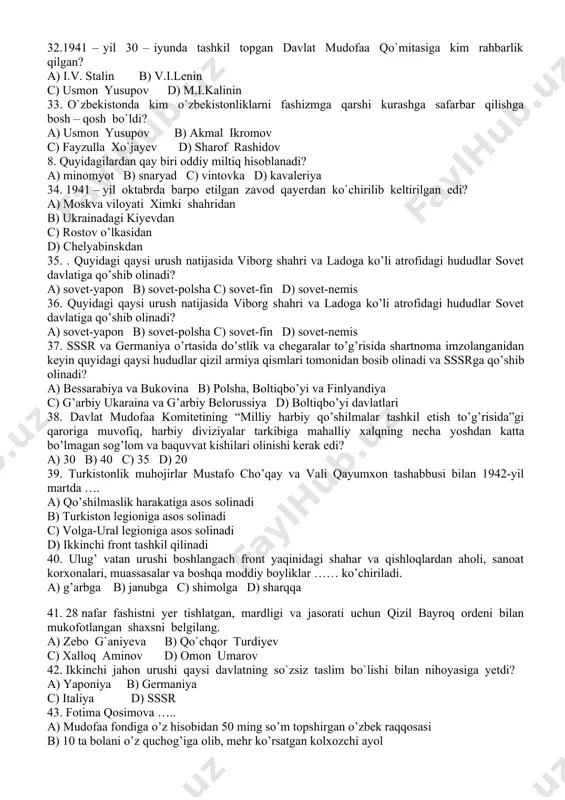lotin grafikasiga o‘tilganidan necha yil o‘tib, kirill alifbosi negiziga qurilgan yozuvga o‘tildi? a) sakkiz yil b) to‘qqiz yil c) o‘n yil d) o‘n bir yil 25. ma’lumki, 1924-yilning oxirgi davrida o’rta osiyo respublikalarida hammasi bo’lib 8 131 062 kishi yashagan edi, ularning qariyb yarmisi qaysi respublikada istiqomat qilishgan? a) o’zbekiston ssr b) qozog’iston ssr c) turkmaniston ssr d) tojikiston ssr 26. o‘zbekiston ssr tashkil etilgan vaqtda uning tarkibiga kiritilgan zarafshon viloyatining hozirgi nomi qaysi qatorda to’g’ri ko’rsatilgan? a) zarafshon b) samarqand c) navoiy d) buxoro 27. ayrim shaxs yoki birlashmalarning xususiy mulki bo’lgan yer, ishlab chiqarish korxonalari, transport va boshqa sohalarni davlat ixtiyoriga olish qaysi atama bilan izohlanadi? a) ekspropriatsiya b) natsionalizatsiya c) ekspansiya d) anneksiya 28. kolxozlar va sovxozlar tuzilganidan so`ng ayollarni qaysi kasbga o`rgatish avj oldi? a) fermerlik b) traktorchilik c) paxtachilik d) o`qituvchilik 29. o`zbeklashtirish markaziy komissiyasining nizomi kuchga kirgan vaqtda sodir bo`lgan voqeani aniqlang. a) ,,davlat …