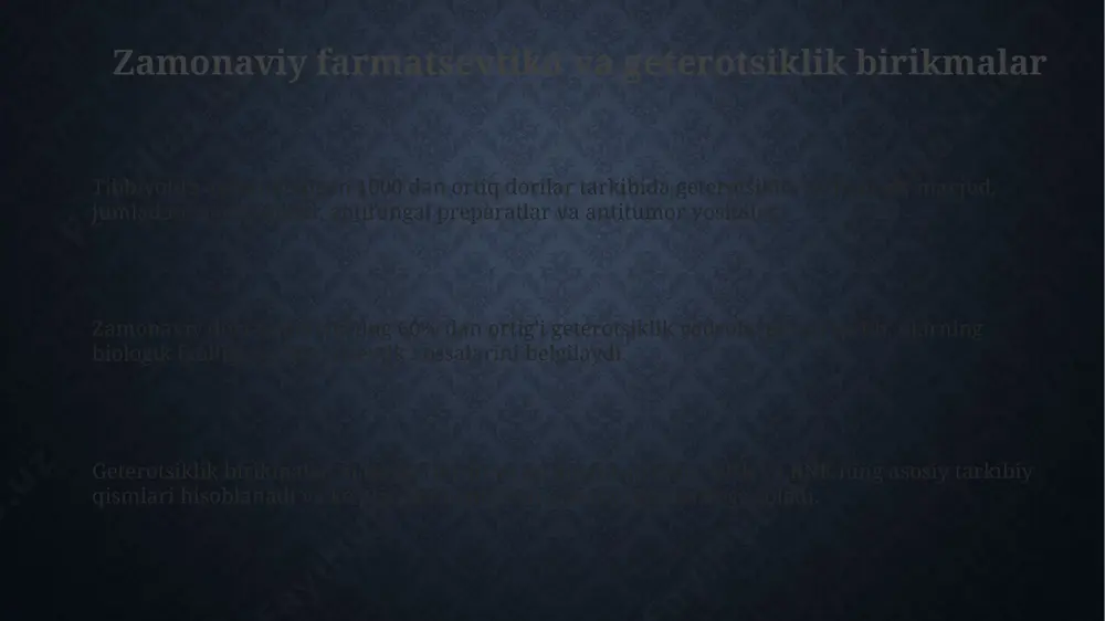 . geterotsiklik birikmalar farmatsevtika sanoatida 3000 dan ortiq dorilarning tarkibiga kiradi, bu ularning keng terapevtik qo'llanilishini ko'rsatadi. benzoditsephlar, piritdionlar va imidazollar kabi geterotsiklik yadrolar asab tizimi kasalliklarini davolashda keng qo'llaniladigan 100 dan ortiq preparatlarning asosini tashkil qiladi. e'tiboringiz uchun rahmat @taqdimot_robot