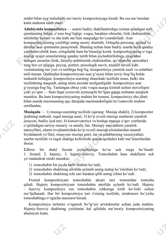 m) mahobatli devoriy rassomlik kompozitsiyasidan farq qiladi. shuningdek, kompozitsiyani idrok qilish ham turlicha boʻlishi mumkin. mas: haykaltaroshlik asarlaridan relyefni faqat old tomondan koʻrish mumkin. aksincha, mahobatli yodgorliklarni esa aylanib tomosha qilish lozim. haykaltarosh asar yaratayotganda kompozitsiya qonunlarini eʼtiborga olishi kerak. tasviriy sanʼatda koʻp shakl (figura)li kartina va haykallar ham kompozitsiya deb ataladi. meʼmorlikda — kompozitsiya (mujassamot) bino (inshoot va ularning majmualari)ning tuzilishi, vazifasi va gʻoyaviy badiiy jihatlari birligi va shaharsozlikdagi oʻrnini taʼminlashdan iborat; kompozitsiya butun bir shahar yoki meʼmoriy ansambl, alohida bino yoki inshootning tashqi qiyofasi bilan ichki xonalari, tuzilishi bilan bezaklari, rangi, loyihasi va qurilishini aniqlaydi, atrof muhit bilan uygʻunlashishi meʼmoriy kompozitsiyaga kiradi. bu esa meʼmordan katta mahorat talab etadi. adabiyotda kompozitsiya — asarni badiiy shakllantirishga xizmat qiladigan turli qismlarning holati, oʻzaro bogʻliqligi, voqea, harakter-obrazlar, lirik chekinishlar, tafsilotlar bayoni va shu kabi maʼlum maqsadga boʻysundiriladi. asar kompozitsiyasining yaxlitligi uning asosiy shartidir. ortiqcha personaj, epizod va detallar asar qimmatini pasaytiradi. …