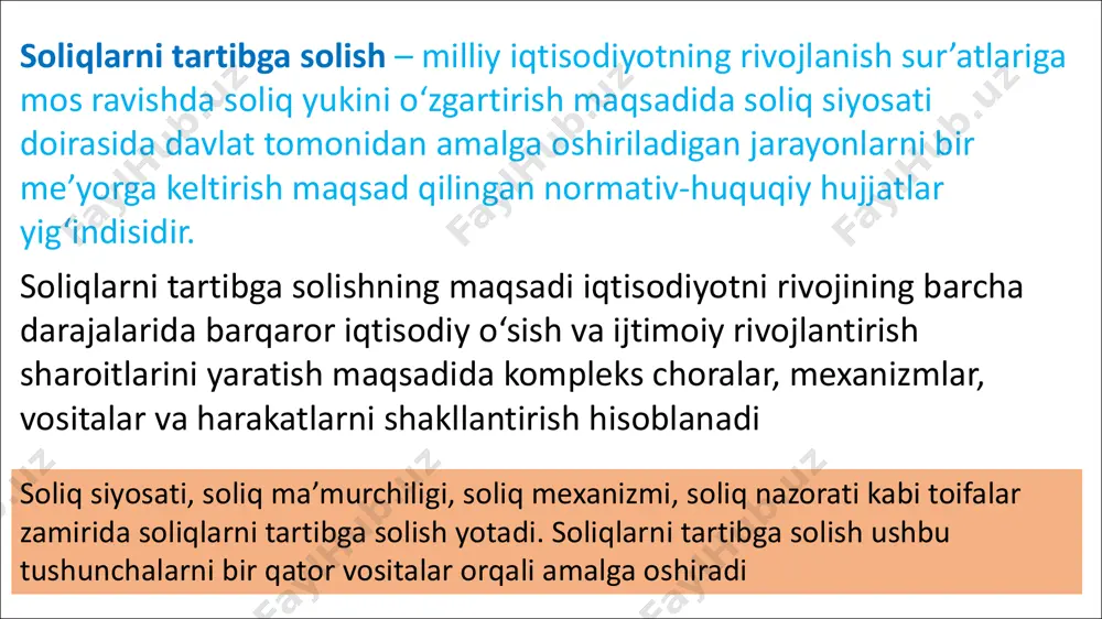 shiga qarab quyidagilarga ajratishimiz mumkin: 1. tovar (ish, xizmat)lar oborotidan to‘lanadigan soliqlar. bunday soliqlarga asosan egri soliqlar kiradi, ya’ni qo‘shilgan qiymat solig‘i, aksiz solig‘i, jismoniy shaxslardan transport vositalariga benzin, dizel yoqilgʻisi va suyultirilgan gaz ishlatganlik uchun olinadigan soliq, bojxona bojlari. 2. ishlab chiqarish tannarxiga kiritiladigan soliqlar: pensiya fondiga ajratmalar, kasaba uyushmalari federatsiyasiga ajratmalar, bandlik fondiga ajratmalar va boshqalar. 3. davr xarajatlariga kiritiladigan soliqlar: mol-mulk solig‘i, yer solig‘i, suv resurslaridan foydalanganlik uchun soliq, yer qa’ridan foydalanganlik uchun soliq va boshqalar. 4. korxonalar foydasidan to‘lanadigan soliqlar: daromad (foyda) solig‘i va boshqalar. soliqlar va yig‘imlar: iqtisodiy mohiyatiga ko‘ra guruhlanishi; byudjetga tushishiga ko‘ra guruhlanishi; soliq to‘lovlari nuqtai- nazardan guruhlanishi. yuridik shaxslardan undirilgan soliqlar va yig‘imlar tarkibi. jismoniy shaxslardan olinadigan soliqlar va yig‘imlar. respublikamizda so‘nggi yillarda soliq islohotlariga alohida e’tibor qaratilib, soliq organlari faoliyatini tubdan isloh qilish, soliq qonunchiligini soddalashtirish va tadbirkorlik subyektlarini qo‘llab- quvvatlashga qaratilgan tendensiyasi muntazam amalga oshirilib kelinmoqda. bu aynan byudjet daromadlari …
