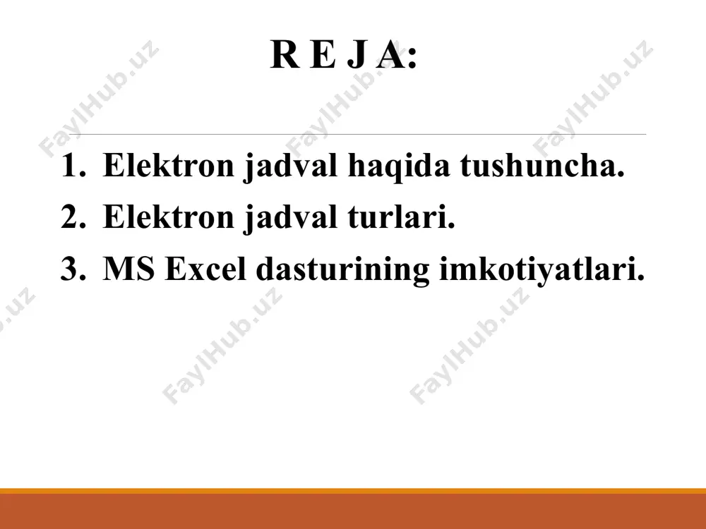 on jadval, elektron jadval muharriri kabi nomlar bilan yuritila boshladi. elektron jadval haqida tushuncha elektron jadvallar yordamida turli iqtisodiy buxgalterlik va injenerlik hisob- kitoblarini bajarish, turli ko‘rinishishdagi diagrammalarni yaratish, murakkab iqtisodiy tahlil o‘tkazish, turli xo‘jalik vaziyatlarini modellashtirish va optimal yechimini topish mumkin va x.k. jadval protsessorlarining vazifalari - elektron jadvallarni yaratish va tahrir qilish; - elektron jadvallarni bezash va chop etish; - formulalar orqali bog’langan ko‘p jadvalli vazifalar yaratish; - diagrammalarni yaratish, ularni o‘zgartirish va iqtisodiy masalalarni grafik usullarda yechish; - elektron jadvallar bilan ma’lumot bazasi kabi ishlash jadvallarni saralash, ma’lumotlarni so‘rovga muvofiq tanlash; - jamlovchi va yakuniy jadvallar yaratish; jadval protsessorlarining vazifalari - jadvallar ko‘rinishida tashqi ma’lumot bazasi ma’lumotlaridan foydalanish; - optimizatsiya masalalarini yechish; - ma’lumotlarni statistik qayta ishlash; - slayd-shou yaratish; - makrokomandalar yaratish, ishlash muhitini foydalanuvchi ehtiyojiga moslashtirish va x.k. elektron jadval turlari xozirgi paytda ularning bir necha turlari mavjud: visicalc birinchi elektron jadval dasturi (1979y) supercalk, …