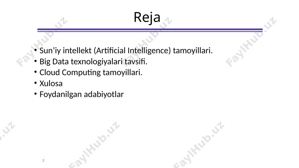 not va texnik vositalarni yaratishga qaratilgan tadqiqot va amaliy ishlanmalar sohasi. sun'iy intellektning rivojlanish tarixi xx asrning 50-60 yillari - sining "romantik davri": "mashina she'rlari", "mashina musiqasi", mashina tarjimasi, intellektual o'yinlar (shashka, shaxmat va boshqalar); xx asrning 60-70-yillari - muammolarni hal qilish usullarini o'rganish (yechimni topish usullari); xx asrning 70-80-yillari - muammolarni hal qilish uchun zarur bo'lgan bilimlarni ifodalash usullarini o'rganish; xx asrning 80-90-yillari - bilim olish usullarini o'rganish (bilimlarni insondan kompyuterga uzatish); xx asrning 90-yillari - nazariy tushunish, yangi g'oyalar va vazifalarni izlash, amaliy foydalanishga urinishlar. sun’iy intellekt nima? o'ylaydigan kompyuterlar yaratishmi? biz qaror qabul qilish, o'rganish kabi inson tafakkuri bilan bog'laydigan faoliyatimizni avtomatlashtirishmi ...? insonlar tomonidan bajarilganda aql talab qiladigan funktsiyalarni bajaradigan mashinalarni yaratishmi? aqliy qobiliyatlarni hisoblash modellari yordamida o'rganishmi? idrok qilish, fikr yuritish va harakat qilish imkonini beradigan hisob-kitoblarni o'rganishmi? hisoblash jarayonlari nuqtai nazaridan aqlli xatti-harakatlarni tushuntirish va taqlid qilishga intiladigan tadqiqot sohasimi? aqlli xatti-harakatlarni avtomatlashtirish bilan …