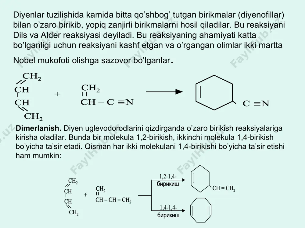 lashma yonganda 67,2 litr (n.sh.da) karbonat angidrid va 45 g suv hosil bo’lsa, dastlabki aralashmadagi butin-1 ning massa ulushini aniqlang? c2h4 + 3o2 = 2co2 + 2h2o; c4h6 +5,5o2 = 4co2 + 3h2o; c5h8 + 7o2 = 5co2 + 4h2o 1) c2h4 = x; c4h6 = y; c5h8 = z 2co2 = 2x; 4co2 = 4y; 5co2 = 5z 2h2o = 2x; 3h2o = 3y; 4h2o = 4z 2) x + y + z = 0,9 mol (aralashma) 2x + 4y + 5z = 67,2/22,4 = 3 mol сo2 2x + 3y + 4z = 45/18 = 2,5 mol h2o 3) co2 2x + 4y + 5z = 3 mol h2o 2x + 3y + 4z = 2,5 mol y + z = 0,5 mol; y = 0,5 – z 4) x + y + z = 0,9 mol x + 0,5 (y + z) = 0,9 x = 0,9 …