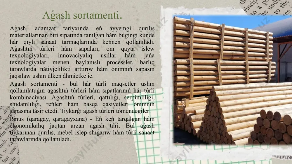 perspektivaları. aǵash sanaatı bárqulla óziniń keń imkaniyatları, nátiyjeliligi hám ekologiyalıq tazalıǵı menen ajıralıp turadı. búgingi kúnde bul taraw tek ǵana dástúriy usıllar emes, al innovaciyalıq texnologiyalar járdeminde de rawajlanbaqta. aǵashtıń hár qıylı túrleri hám onıń sıpatları óndiriste úlken rol oynaydı, biraq texnologiyalardıń rawajlanıwı menen birge, bul materiallardan nátiyjeli paydalanıw imkaniyatları jáne de keńeymekte. bul tarawda júz berip atırǵan jańa ózgerisler hám texnologiyalardı tolıq talqılayıq. agashtıń jana sortamentleri hám olardıń qollanılıwı. aǵash sortamenti sıpatında tek klassikalıq túrlerdi esapqa almadıq. sońǵı jılları, jańa gibridlestirilgen aǵash túrleri hám arnawlı qayta islengen materiallar islep shıǵıldı. bulardan bazıları tómendegiler: cross-laminated timber (clt) - bul innovaciyalıq qurılıs materialları aǵashtı qatlamlı sistemada birlestirip qayta islew arqalı islep shıǵarıladı. hár bir qatlam agashtiń ózine tán bagıtında jaylastırıladı, bul bolsa materialdı bekkemleydi. clt iri imaratlar qurilisında, hátte 10 hám onnan kóp qabatlı imaratlardı qurıwda qollanıladı. onıń abzallıqları - jeńillik, energiyanı únemlew, sonday-aq, ekologiyalıq tazalıǵı. glued laminated timber (glulam) - …