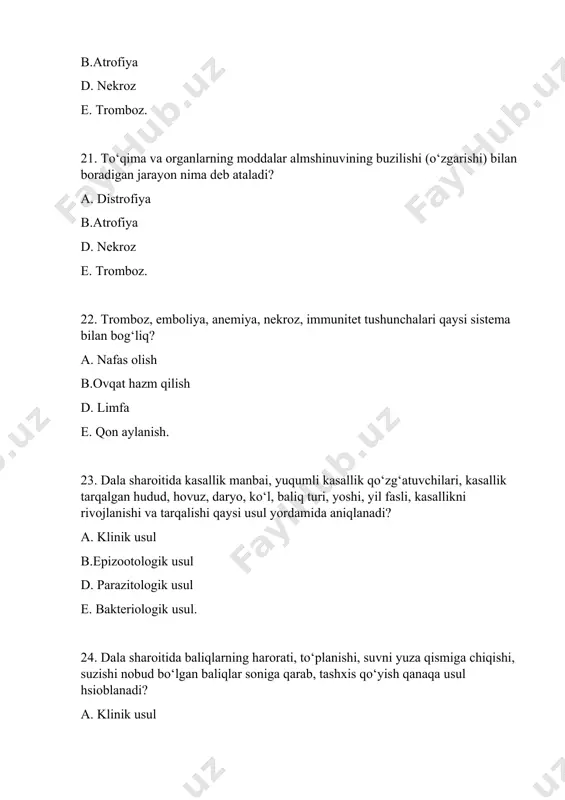 stodozlar e. monogenoydozlar 44. qaysi kasallikda teri yoki jabrasida sutga o‘xshash ko‘k-kumushrang shilliq massa epitelial hujayralarning ko‘chishi sodir bo‘ladi? a. ligulyozda b. daktilogirozda d. lerneozda e. kostiozda 45. invazion kasalliklarida biologik zanjirni uzish maqsadida mollyuskalarni yo‘qotish usulidan biri. a. laqqa baliqlarini ko‘paytirish b. forel baliqlarini ko‘paytirish d.qora amur baliqlarini ko‘paytirish e. oq amur baliqlarini ko‘paytirish 46. kostioz kasallik qo’zg’atuvchisi qaysi? a. diphyllobothrium latum b. nephromyces piscium plehn d. ichthyosporidium hoferi e. costia necatrix 47. faqat infuzoriya kasalliklarini belgilang? a. daktologeroz, saprolegnioz b. lerneoz, trixidinioz d. kostioz, xilodenillyoz e. kriptobioz, diplostomoz 48. protozooz kasalliklarga qanday diagnoz qo‘yiladi? a. yorib ko‘rgan holda muskulini b. jigarini tekshirih orqali d. teridagi shilliq moddani tekshirib e. oshqozon ichaklarinni tekshirib 49. baliqlarning qaysi kasalligida terisida va jabrasida parazitlik qilishi oqibatida epitelial xujayralarni kuchli qichishi va emirilishiga olib keladi, natijada kuchli shilliq moddasi ajraladi. a. digrammoz b. saprolegnioz d. kostioz e. girodaktilyoz 50. kostioz kasalligining asosiy klinik …