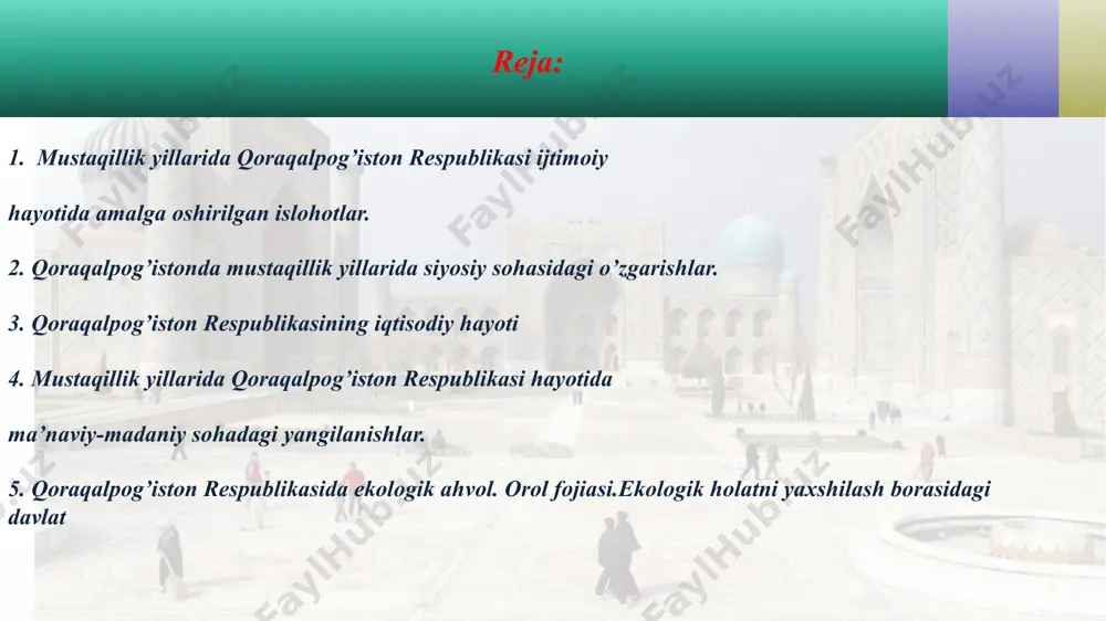 ab - quvvatlab kelmoqda. 1996 yili o’zbekiston davlat byudjetidan qoraqalpog’istonni rivojlantirish uchun 10 mlrd.so’m mablag’ ajratildi. bu qoraqalpog’iston milliy daromadining 55 foizini tashkil qildi. qoraqalpog’istonga berilayotgan moliyaviy yordam miqdori ham o’sib bormoqda. o’zbekiston hukumatining amaliy ko’magi tufayli keyingi yillarda qoraqalpog’istonda aholining turmush sharoitini yaxshilash, tub iqtisodiy islohotlarni amalga oshirish borasida qator ijobiy natijalarga erishildi. eng avvalo, elda tinchlik va barqarorlik mustahkamlandi. respublikada mulkchilikning yangi shakllari paydo bo’la boshladi. ishlab chiqarish va xizmat sohasida nodavlat sektorning hissasi oshib bormoqda. ayni paytda sanoat, qishloq. xo’jalik va savdoda bu ko’rsatkich 90 foizdan ortiqni tashkil qilmoqda. o’zbekiston respublikasi vazirlar mahkamasining 2019 yil 16 yanvardagi “qoraqalpog’iston respublikasining mo’ynoq tumanini kompleks ijtimoiy- iqtisodiy rivojlantirish chora-tadbirlari to’g’risida”gi qarori ijrosi doirasida atigi 32 ming aholisi bor bitta tuman uchun 1 trilion 485 milliard 176 million so’m mablah ajratildi. 2020-2021 yillarda qoraqalpog’iston respublikasining bo’zatov tumanini kompleks ijtimoiy-iqtisodiy rivojlantirish chora tadbirlari bo’yicha vazirlar mahkamasining 2020- yil 18-apreldagi 243-son qarori qabul …