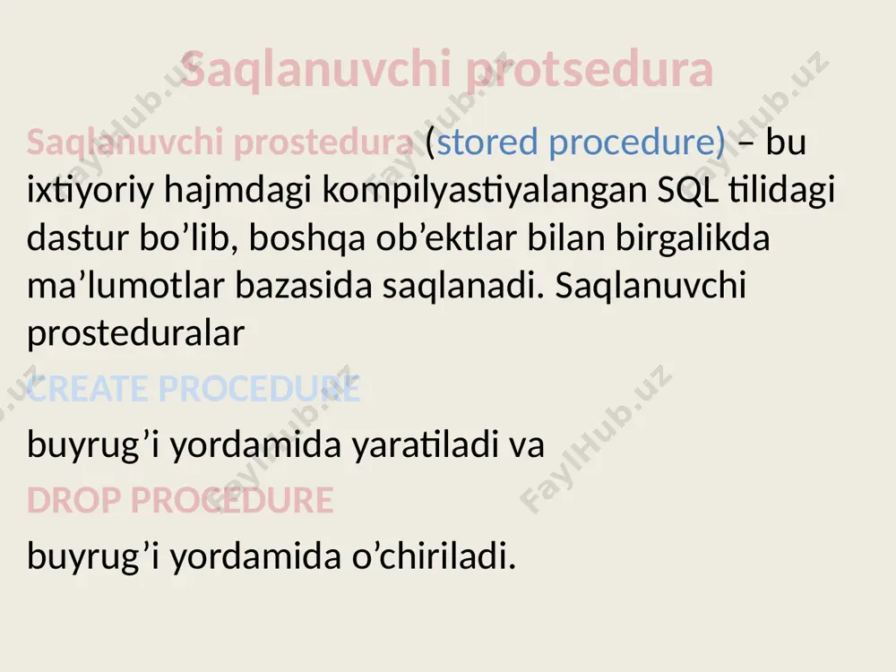 t(in sm int, in i int, out ss double) comment 'возвращает сумму покупки с учетом скидки.' begin if((sm>=1000) && (sm =2000) then select sum(summa)*0.8 into ss from sum_sale where id_sale=i; else select sum(summa) into ss from sum_sale where id_sale=i; end if; end // nazorat savollari interbase da ma’lumotlar bazasini yaratish qanday amalga oshiriladi ? generatorlar haqida ma’lumot bering. triggerlar haqida ma’lumot bering. indekslar haqida ma’lumot bering. cheklovlar haqida ma’lumot bering. birlamchi kalit haqida ma’lumot bering. qiymatlarni tekshirish haqida ma’lumot bering. saqlanuvchi prosteduralar haqida ma’lumot bering. tanlash prosteduralari haqida ma’lumot bering. bajariluvchi prostedurlar haqida ma’lumot bering. /docprops/thumbnail.jpeg