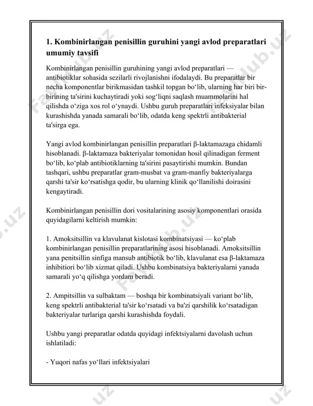 ga bog'liqdir. odatda, yangi avlod kombinirlangan penisillinlari og'iz orqali yoki vena ichiga yuborilishi mumkin. bioavailability — dorining qonga utish darajasi — yangi avlod kombinirlangan penisillinlari uchun yuqori, ya'ni 60% dan 80% gacha. bunday yuqori qo'llash darajasi tashkil qilingan kombinatsiyalar natijasida pensillinlar bakteriyalarga qarshi keng ko'lamli ta'sir ko'rsatadi. masalan, og'iz orqali qabul qilingan kombinirlangan penisillinlar ko'pincha 2-3 soatlarda qondagi maksimal konsentratsiyaga erishadi. yarim parchalanish vaqti esa 1 soatdan 2 soatgacha bo'lishi mumkin. bu esa dorining samaradorligini uzoq vaqt davomida saqlab turish imkoniyatini beradi. yangi avlod kombinirlangan penisillinlarining tarqalish hajmi odatda 0.3 l/kg dan 0.5 l/kg gacha bo'lishi mumkin. bu esa dori moddalarining organizm bo'ylab yaxshi tarqalishini ko'rsatadi. metabolizm yangi avlod penisillinlari uchun jigar tomonidan amalga oshiriladi. jigarda ular gidrolizlanib, faol yoki nofaol metabolitlarga aylanadi. ushbu metabolitlar asosan siydik orqali chiqariladi, ammo ba'zi hollarda axlat orqali ham chiqarilishi mumkin. chiqarilish jarayoni bu dorilar uchun renal klirens orqali amalga oshiriladi. odatda, yangi avlod …
