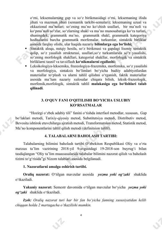 o‘quv fanining mavzulari mantiqiy ketma-ketlikda keltiriladi, har bir mavzuning mohiyati asosiy tushunchalar va qisqa ifodalar orqali ta’lim oluvchilarga davlat ta’lim standarti va malaka talablari asosida yetkazilishi zarur bo‘lgan bilim va ko‘nikmalar qamrab olingan holda ifodalab beriladi. asosiy nazariy qism modullar shaklida berilishi mumkin; № ma’ruza mavzulari qisqacha tavsifi (kalit so‘zlar) soatlar hajmi 1 gap semantikasining propozitiv aspekti. gap, sintaktik aloqa, predikativlik munosabati 2 2 predikat, uning tiplari. ot va fe’l predikatli gaplar semantikasi. tobe va teng sintaktik aloqa, predikativlik munosabati 2 3 predikativlik va modallik. mantiqiy va grammatik modallik. sodda gap, sintaktik aloqa, predikativlik munosabati 4 4 gaplarning aktual bo‘laklari. aktuallashtiruvchi vositalar. sodda va qo’shma gap, sintaktik aloqa, predikativlik munosabati 2 5 sodda gapning murakkablashuvi. sodda gap, sintaktik aloqa, predikativlik munosabati 2 6 gapning semantik murakkablashuvida presuppozitsiyaning o‘rni gap, sintaktik aloqa, predikativlik munosabati 4 7 tobe komponentli qo‘shma gapning an’anaviy talqini va tasnifi. tobe aloqa, sintaktik aloqa, predikativlik munosabati 2 …