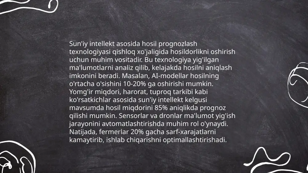 .uz kabi platformalar fermerlarga mahsulotlarini reklama qilish va sotishga yordam beradi. ushbu tizimlar fermerlar va xaridorlar o‘rtasida bevosita aloqa o‘rnatib, vaqt va xarajatlarni kamaytiradi, shuningdek, yangi bozorga chiqish imkoniyatlarini oshiradi. ... t.me/slaydai_bot agronomik dasturlash va simulyatsiya tizimlari qishloq xo‘jaligi jarayonlarini optimallashtirish va samaradorligini oshirish uchun dasturiy vositalarni qo‘llaydi. ushbu tizimlar tuproq unumdorligini baholash, ekin ekishni rejalashtirish va hosildorlikning oldindan prognoz qilish imkonini beradi. masalan, dssat (decision support system for agrotechnology transfer) singari dasturlar turli ekinlar uchun o‘g‘it miqdorini optimallashtirish va sug‘orish tizimlarini takomillashtirishda yordam beradi. simulyatsiya jarayonlari esa har xil iqlim sharoitlari ostida ekinlarning o‘sishini va rivojlanishini model qilish imkonini yaratadi. bu texnologiyalar qishloq xo‘jaligi mahsulotlarini ishlab chiqarishni 20-30% gacha oshirishi mumkin. ... t.me/slaydai_bot 13. fermerlar uchun onlayn ta'lim platformalari 13. fermerlar uchun onlayn ta'lim platformalari qishloq xo'jaligi sohasida bilim va ko'nikmalarni oshirishga yordam beradi. ushbu platformalar fermerlarga internet orqali axborot olish imkonini beradi, bu esa ularga zamonaviy texnologiyalar va …