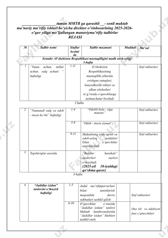 rahbarlari noyabr - “bag‘rikenglik”oyligi 1-hafta 11. “do‘stlik va muruvvat” haftaligi 1-4 o‘quvchilar o‘rtasida “do‘stlik va muruvvat” mavzusida suhbatlar tashkil etish . sinf rahbarlari 5-8 o‘quvchilarga do‘stlik va muruvvat insoniy qadriyatlardan biri ekanligi tushuntirish. sinf rahbarlari 9-11 o‘quvchilar o‘rtasida ezgu amallarni targ’ib etish maqsadida “muruvvat karvoni” loyihasini tashkil etish sinf rahbarlari 2-hafta 12. “tolerantlik” haftaligi 1-4 mehr-oqibat, muruvvat haqidagi filmlar namoyishini tashkil etish (namunaviy ro‘yxat taqdim etiladi). sinf rahbarlari 5-8 shukronalik hissini uyg‘otishga qaratilgan “tinchlik qadri” videoroligini namoyish etish. sinf rahbarlari 9-11 “xalqaro bag‘rikenglik kuni” munosabati bilan festival tashkil etish. sinf rahbarlari 13 topshiriqlar asosida 1-4 “mahmudxoja behbudiy” siymosi bilan tanishtirish maqsadida davra suhbati o‘tkaziladi. 5-11 turkiston jadidlik harakatining asoschisi, atoqli adib va jamoat arbobi, noshir va pedagog mahmudxo‘ja behbudiy tavalludining 150-yilligiga bag‘ishlangan ma’naviy-ma’rifiy tadbirlar tashkil etiladi. (pq-462-son qarori, 27.12.2024-yil) 2-7 3-dekabr “xalqaro nogironlar kuni” munosabati bilan “sen iste’dodlisan” nomli respublika inklyuziv tanlovining maktab bosqichi tashkil etiladi. 3-hafta 14. “muqaddasdir vatan …