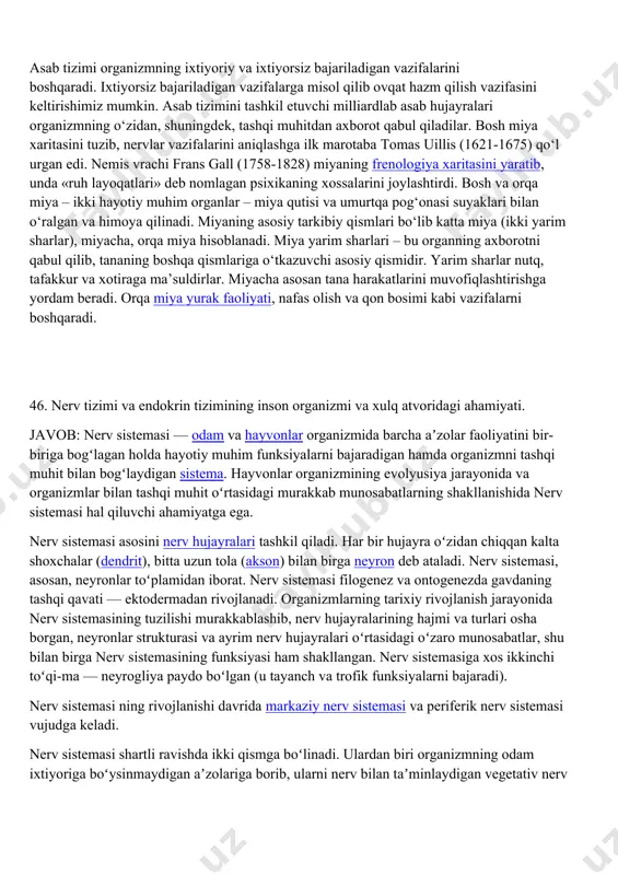 zimini tadqiq etish hisoblanadi. organizmning yaxlit tuzilma sifatida faoliyat ko‘rsatishini nerv hosilalarining to‘plamlari ta’minlab beradi. asab tizimi markaziy, periferik va vegetativ bo‘limlardan iborat. markaziy asab tizimi (mat) bosh va orqa miyani o‘z ichiga oladi. miya organizmda boshqaruvchi vazifasini o‘taydi va psixomotor faoliyatni ta’minlab beradi. bundan tashqari, miya fikrlarimizni mahorat bilan boshqarib, inson organizmining beshta asosiy tuyg‘ulari – ko‘rish, eshitish, ta’m bilish, hid bilish va sezishni nazorat qiladi. periferik asab tizimi – nervlar va nerv tugunlaridan iborat. periferik nervlar majmuasi yurak, o‘pka, ovqat hazm qilish tizimi va boshqa ichki organlar, tomirlar va to‘qimalarni ta’minlaydi, bularning barchasi vegetativ asab tizimini tashkil etadi. uning faoliyati inson iroda kuchiga bog‘liq bo‘lmaydi. (3.1 rasm) asab tizimi organizmning ixtiyoriy va ixtiyorsiz bajariladigan vazifalarini boshqaradi. ixtiyorsiz bajariladigan vazifalarga misol qilib ovqat hazm qilish vazifasini keltirishimiz mumkin. asab tizimini tashkil etuvchi milliardlab asab hujayralari organizmning o‘zidan, shuningdek, tashqi muhitdan axborot qabul qiladilar. bosh miya xaritasini tuzib, nervlar vazifalarini …