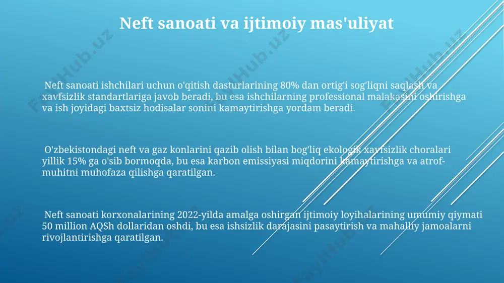 00 dan ortiq yangi ish o'rinlari yaratilishi rejalashtirilgan bo'lib, bu raqam texnologiyalarni jadal rivojlanishi bilan bog'liq. "yoshlar uchun neft va gaz" dasturi doirasida 2024 yilda 150 dan ziyod yosh mutaxassislar malaka oshirish kurslaridan o'tdilar, bu ularning raqobatbardoshligini oshirdi. innovatsion loyihalarni qo'llab-quvvatlash uchun ajratilgan 10 million dollarlik grantlarning 30% yosh olimlar va muhandislarning neft-kimyo sanoati bilan bog'liq takliflariga yo'naltirildi. neft sanoati va yoshlarning ishtiroki neft-gaz sanoatida yoshlar bandligi 2020-yildan buyon 15% ga oshgan boʻlib, bu sohada 3000 dan ortiq yosh mutaxassis ishlaydi. yangi texnologiyalarni joriy etishda yoshlarning faol ishtiroki natijasida neft qazib olish samaradorligi 10% ga oshdi. bu raqamlar innovatsion yondashuvlarning muhimligini koʻrsatadi. oʻzbekiston neft-gaz kompaniyalari yoshlar uchun 500 ta stipendiya va 100 ta trening dasturini taqdim etadi, bu kelajakdagi mutaxassislarni tayyorlashga qaratilgan. neft va atrof-muhit muhofazasi: yoshlarning roli neft qazib olish jarayonida 1000 litr neftga qariyb 1,5 litr suv sarflanadi, shuning uchun suv resurslarini tejash bo'yicha yoshlarning tashabbuslari muhim ahamiyat …