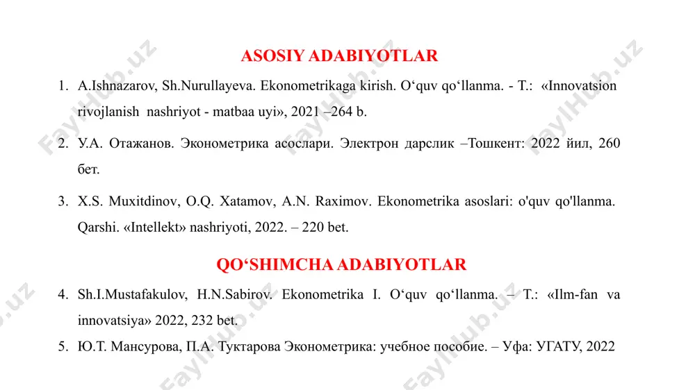 i - statistika, iqtisodiy nazariya va matematika fanlarining birlashuvidir» s. grilixes «...bizni o‘rab to‘rgan iqtisodiy dunyoni o‘rganish uchun bir vaqtning o‘zida bizning teleskopimiz hamda mikroskopimizdir» e. malenvo «...bizning hayoliy iqtisodiy tasavvurlarimizni empirik mazmun bilan to‘ldiradi» s. fisher «...iqtisodiy o‘zgaruvchilar o‘rtasida o‘zaro aloqalarni o‘lchash uchun statistik usullarni ishlab chiqish va qo‘llash bilan shug‘ullanadi» s. ayvazyan «...sifat jihatdan o‘zaro bog‘lanishlarga miqdoriy ifodani berishga imkon beruvchi usullar va modellar to‘plamini birlashtiradi» iqtisodiy ma’lumotlar dinamik qator yoki dinamik ustun ko’rinishida tuziladi, ya’ni ular vaqt bo’yicha o’zgaradilar. kuzatuvlar soni omillar sonidan 4-5 marta ko’proq bo’lishi kerak. ekonometrikaning asosiy maqsadi – omillararo bogʻlanishlarni, o‘zgarish qonuniyatlarini va tendensiyalarni o‘rganish hisoblanadi. ekonometrikaning vazifalari: modelni spesifikasiya qilish modelni parametrlashtirish modelni verifikasiya qilish model asosida prognoz qilish - empirik tahlil uchun ekonometrik modellarni tuzish; - tuzilgan model parametrlarini baholash; - model parametrlari sifatini va butun modelning o‘zini tekshirish; - ekonometrik modellashtirish natijalari bo‘yicha aniq iqtisodiy hodisalar uchun prognozlar tuzish va …