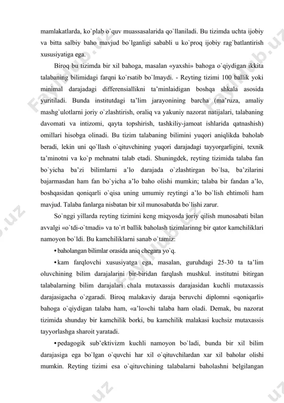 institutni bitirgan talabalarning bilim darajalari chala mutaxassis darajasidan kuchli mutaxassis darajasigacha o`zgaradi. biroq malakaviy daraja beruvchi diplomni «qoniqarli» bahoga o`qiydigan talaba ham, «a’lo»chi talaba ham oladi. demak, bu nazorat tizimida shunday bir kamchilik borki, bu kamchilik malakasi kuchsiz mutaxassis tayyorlashga sharoit yaratadi. · pedagogik sub’ektivizm kuchli namoyon bo`ladi, bunda bir xil bilim darajasiga ega bo`lgan o`quvchi har xil o`qituvchilardan xar xil baholar olishi mumkin. reyting tizimi esa o`qituvchining talabalarni baholashni belgilangan bandlar bo`yicha olib borishni va belgilangan me’yorlarga amal qilinishini talab etadi. · o`rganilayotgan fan bo`yicha mustahkam, chuqur va keng bilim olishga bo`lgan intilishlarni rag`batlantiruvchi va qiziqtiruvchi omillar kuchsiz namoyon bo`ladi. 6) ta’lim tizimini moliyalash. kadrlar tayyorlash milliy dasturida ta’lim xarajatlarini moliyalashning bozor iqtisodiyoti prinsiplari asosida qurilgan, etarli darajada moslashuvchan tizimi ko`zda tutilgan. boshlang`ich va umumiy o`rta ta’lim maktabida ta’lim xarajatlari davlat byudjeti vositalari hisobiga to`la ta’minlanadi, o`rta maxsus ta’lim muassasalari (akademik liseylar va kasb-hunar kollejlari) davlat mablag`i bilan ham …