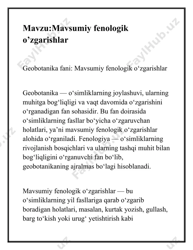 fenologik o‘zgarishlarni o‘rganish, o‘simliklar hayotidagi davriy jarayonlarni chuqur anglash va ularni to‘g‘ri tahlil qilish bugungi kunda ekologik barqarorlikni saqlash va tabiat resurslaridan oqilona foydalanish uchun muhim ahamiyat kasb etadi. namangan davlat pedagogika instituti aniq va tabiiy fanlar fakulteti biologiya yo‘nalishi bio - au - 23 guruhi talabasi to‘ychiboyeva nozimaxonning botanika fanidan mustaqil ishi . /docprops/thumbnail.emf namangan davlat pedagogika instituti aniq va tabiiy fanlar fakulteti biologiya yo‘nalishi bio-au-23 guruhi talabasi to‘ychiboyeva nozimaxonning botanika fanidan mustaqil ishi.