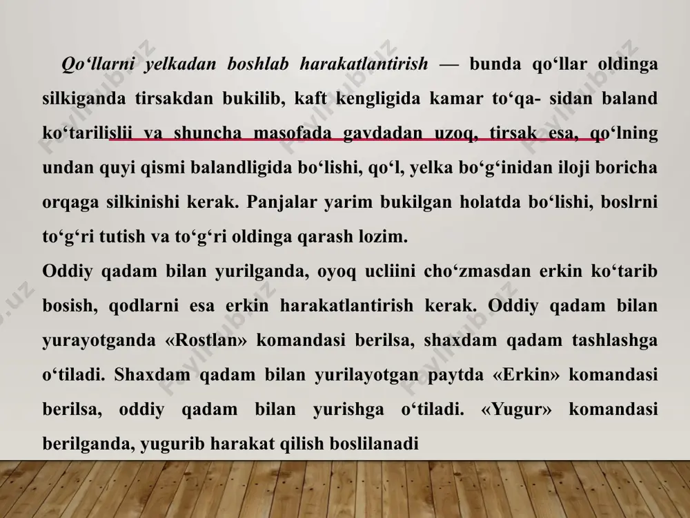 gach, ikki qadam oldinga (orqaga) bosiladi va oyoqlar juftlanadi. 0‘ngga, chapga va orqaga qadam bosganda qo‘llar harakatlantiril-maydi. harakat vaqtida burilishlar «0‘ngga», «chapga», «ortga yur» komandalariga ko‘ra bajariladi. 0‘ng (chap)ga burilish uchun darrov bajariladigan komanda o‘ng (chap) oyoqni yerga qo‘yish bilan bir vaqtda beriladi. komanda berilgach, o‘ng (chap) oyoq bilan oldinga bir qadam tashlanadi, o‘ng (chap) oyoq uchida buriladi, burilish bilan bir vaqtda o‘ng (chap) oyoq oldinga cho‘ziladi va yangi yo‘nalish bo‘yicha harakat boshlanadi. orqaga burilish uchun darrov bajariladigan komanda o‘ng oyoq yerga qo‘yilishi bilan bir vaqtda beriladi. komanda bo‘yicha (bir deb sanalganda) chap oyoq bilan yana bir qadam tashla­nadi, o‘ng oyoq yarim qadam oldinga chiqarilib, ozroq chapga olinadi, ikki oyoqning uchida zudlik bilan (ikki deb sanalganda) chap tomon burilib, yangi yo‘nalish bo‘yicha chap oyoq bilan harakat (uch deb sanalganda), davom ettiriladi. burilishlar vaqtida qo‘llar oyoqlarga mos harakatlantiriladi. image2.jpeg image3.jpeg image1.jpg /docprops/thumbnail.jpeg
