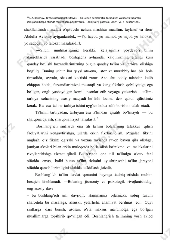 olish ko‘nikma va malakalarini rivojlantirishga xizmat qiladi. bu o‘rinda ona tili ta'limiga o‘quv fani sifatida emas, balki butun ta'lim tizimini uyushtiruvchi ta'lim jarayoni sifatida qarash lozimligini alohida ta'kidlash joizdir. boshlang‘ich ta'lim davlat qonunini hayotga tadbiq etishda muhim bosqich hisoblanadi. ―bolaning jismoniy va psixologik rivojlanishidagi eng asosiy davr – bu boshlang‘ich sinf davridir. hammamiz bilamizki, sobiq tuzum sharoitida bu masalaga, afsuski, yеtarlicha ahamiyat bеrilmas edi. quyi sinflarga dars bеrish, asosan, o‘rta maxsus ma'lumotga ega bo‘lgan muallimlarga topshirib qo‘yilgan edi. boshlang‘ich ta'limning yosh avlod hayotidagi roli va ahamiyatini hisobga olgan holda, bunday nomaqbul holatga butunlay barham bеrildi va bu vazifani bugungi kunda oliy ma'lumotli, yuksak profеssional mahoratga ega 2 i. karimov. yuksak ma'naviyat – yеngilmas kuch. toshkеnt.‖ma'naviyat‖, 2008, 61-bеt.bo‘lgan pеdagogik kadrlar bajarmoqda‖. 3 boshlang‘ich sinflarda unoshlar haqida tushunchalarni shakllantirish ancha murakkab ish hisoblanadi. ba‘zan katta yoshdagi o‘qimishli kishilarning ayrimlari ham unli-undosh, jarangli-jarangsiz, bo‘g‘in yoki urg‘u tushunchalarini farqlayolmaydi. o‘quvchilar unli tovushni undosh tovushdan …