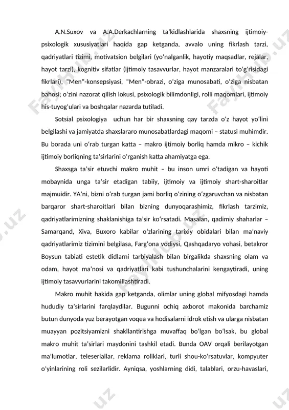 gunni ochiq axborot makonida barchamiz butun dunyoda yuz berayotgan voqea va hodisalarni idrok etish va ularga nisbatan muayyan pozitsiyamizni shakllantirishga muvaffaq bo‘lgan bo‘lsak, bu global makro muhit ta’sirlari maydonini tashkil etadi. bunda oav orqali berilayotgan ma’lumotlar, teleseriallar, reklama roliklari, turli shou-ko‘rsatuvlar, kompyuter o‘yinlarining roli sezilarlidir. ayniqsa, yoshlarning didi, talablari, orzu-havaslari, modaga munosabati paydo bo‘lishida shu kabi global ta’sirlarning sezilarli ekanligiga barchamiz guvohmiz. hududiy jabhada makro muhitning ta’siri quyidagi omillar orqali kechadi: demografik omil – bu aholi zichligi, tug‘ilish va o‘limning dinamikasi, umr davomiyligi, migratsiya jarayonlari va b.q.; masalan, aholi reproduktiv madaniyatining o‘zgarib borayotganligi, oilada tug‘ilayotgan bolalar soning kamayishi, odamlarning sog‘lom turmush tarzi to‘g‘risidagitasavvurlarining o‘zgarib borayotganligi, zamonaviy tibbiyotning inson umrini uzaytirish borasida qo‘lga kiritayotgan olmashumul yutuqlari, tabiiy, har bir alohida olingan shaxs psixikasida muayyan davr va hududga nisbatan o‘zgarishlarnisodir etishi tabiiydir; tabiiy-ekologik omil – yashash joyining qayerda va qancha territoriyada joylashganligi, havo harorati, foydali qazilmalarning mavjudligi, ekologik vaziyat va shu kabilar; …