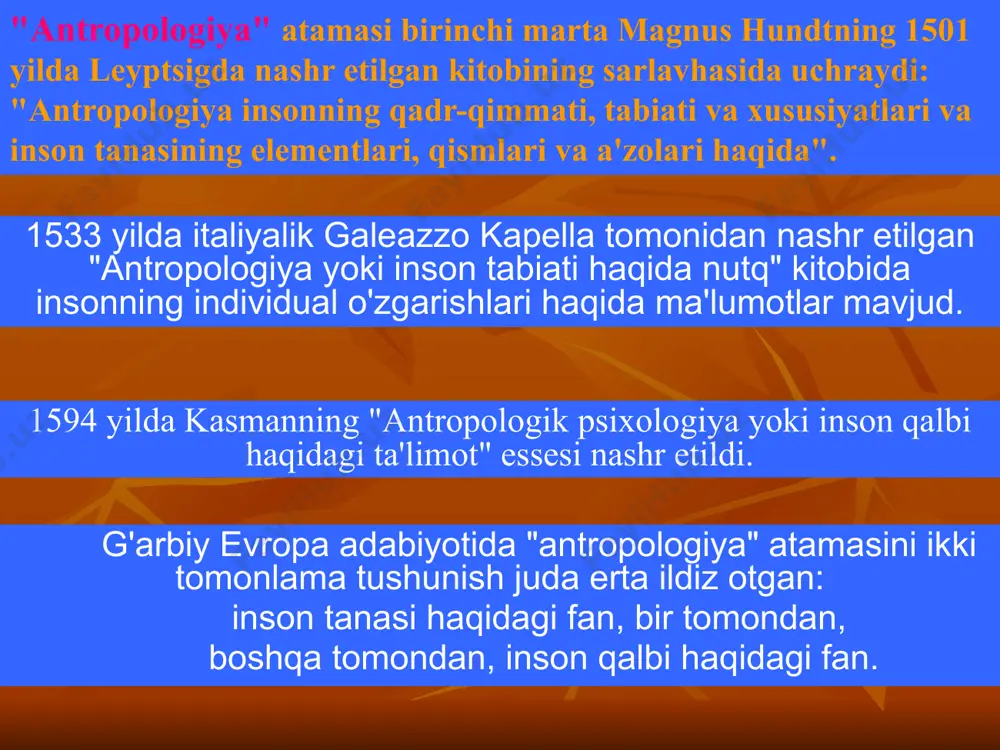 morfofiziologik (ekologiya va odamning moslashuvi); e) psixologik va neyropsixologik (antropologiya va nutq va tafakkurning paydo bo'lishi muammosi; irqiy psixologiya); f) etnologik (primatologiya va insoniyat jamiyati va oilaning paydo bo'lishi); g) matematik (biologik statistika va uning antropologiyaning barcha tarmoqlari uchun tutgan o‘rni). antropologiya inson biologik xususiyatlarining (antropologik xususiyatlari) o'zgaruvchanligining tarixiy va geografik jihatlarini o'rganadi. u o'z mazmuniga ko'ra ko'proq tarixiy fanlar doirasiga kiradi, uslubiy jihatdan esa, albatta, biologiya sohasiga kiradi. irqshunoslik va etnik antropologiya, turli tartibdagi inson populyatsiyalari uyushmalari o'rtasidagi o'xshashlik va farqlarni o'rganadi. mohiyatan, bu bir xil morfologiya, lekin tarixiy vaqt va makon miqyosida, ya'ni inson yashaydigan yer sharining butun yuzasida ko'rib chiqiladi; darhaqiqat, morfologiya insonning individual organlari va ularning tizimlarining tuzilishidagi o'zgarishlarni, inson tanasining yoshga bog'liq o'zgaruvchanligini, uning jismoniy rivojlanishi va konstitutsiyasini o'rganadi. morfologiya - quyidagilardan iborat: 1) merologiya (yunoncha "meros" - qism), insonning individual organlari va alohida to'qimalarining o'zgarishini, shuningdek ularning o'zaro bog'liqligini o'rganadi; 2) somatologiya (yunoncha "soma" …
