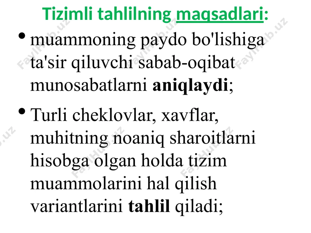 mashinuvi mavjudligi; murakkab tizim xossalari: o’z-o’zini tashkil qila olishi – tashqi muhit haqida xabarlarga asoslanib, tizimning o’z strukturasini va parametrlarini ketma-ket maqsadiga muvofiq ravishda o’zgartirishi (кибернетик системa); butunlik – sistemaning biror elementidagi o’zgarishlar uning boshqa elementlariga ham, butun tizim faoliyatiga ham ta’sir qiladi. o'z-o'zidan ishlaydigan tizimlar (avtotizim)– bu jarayonlar, ishlar, protseduralar amalga oshiruvchi, qo’yilgan texnologik va boshqa jarayonlar borishini ta’minlovchi va binobarin masalani hal qiluvchi va qo’yilgan maqsadga erishuvchi tizimlardir texnik tizimlar – inson tomonidan qo’yilgan masalani uning ishtirokisiz bjara oladi (masalan, avtomatik o’t o’chirish tizimi, signalizatsiya tizimi kabilar) tashkiliy tizimlar (tashkily boshqaruv tizimlari) – bu shunday tizimlarki, ularning tarkibida insonlar bo’ladi (inson-mashina tizimlari). 3. tizimli yondoshuv va tizimli tahlil murakkab tizimlarning yaxlitligi murakkab tizimlarni o'rganishda tizimli yondashuv zarurligini nazarda tutadi, bu holda tizimning har bir qismini, umuman tizimning maqsadlari va ishlashini hisobga olgan holda o'rganish kerak. tizimli yondashuv bu murakkab ob'ektlarni (tizimlarni) o'rganishning zamonaviy umumiy ilmiy metodologiyasi; u har …