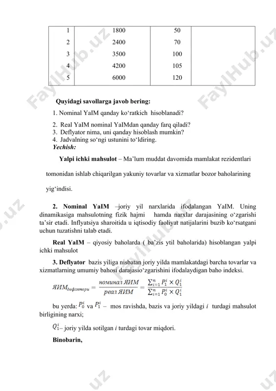 a iqtisodiyot quyidagi ko‘rsatkichlar bilan yoritilgan: 1. iste’mol xarajatlari (s) = 2300; 2. yalpi investitsiyalar (i) = 700; 3. davlat xarajatlari (g) = 800; 4. transfert to‘lovlari (tr) = 100; 5. davlat qarzi bo‘yicha foiz to‘lash (n) = 100; 6. soliqlar (t) = 800. yaim =yamm deb taxmin qilinsin. hisoblang: a) shaxsiy jamg‘armalar; b) davlat jamg‘armalari; v) agar defitsit obligasiyalar chiqarish bilan 80%ga moliyalashtirilishi ma’lum bo‘lsa, davlat budjeti defitsitini qoplash uchun chiqarilgan davlat obligasiyalari qiymati va qo‘shimcha pul miqdori. yechish: a) shaxsiy jamg‘armalar quyidagi formula yordamida hisoblanadi: sp = (y + tr + n – t) – c y = c + i + g y = 2300 + 700 + 800 = 3800 sg = (3800 + 100 + 100 – 800) – 2300 = 900 b) davlat jamg‘armalari quyidagi formula yordamida hisoblanadi: sg = t – tr – n – g sg = 800 – 100 – 800 …