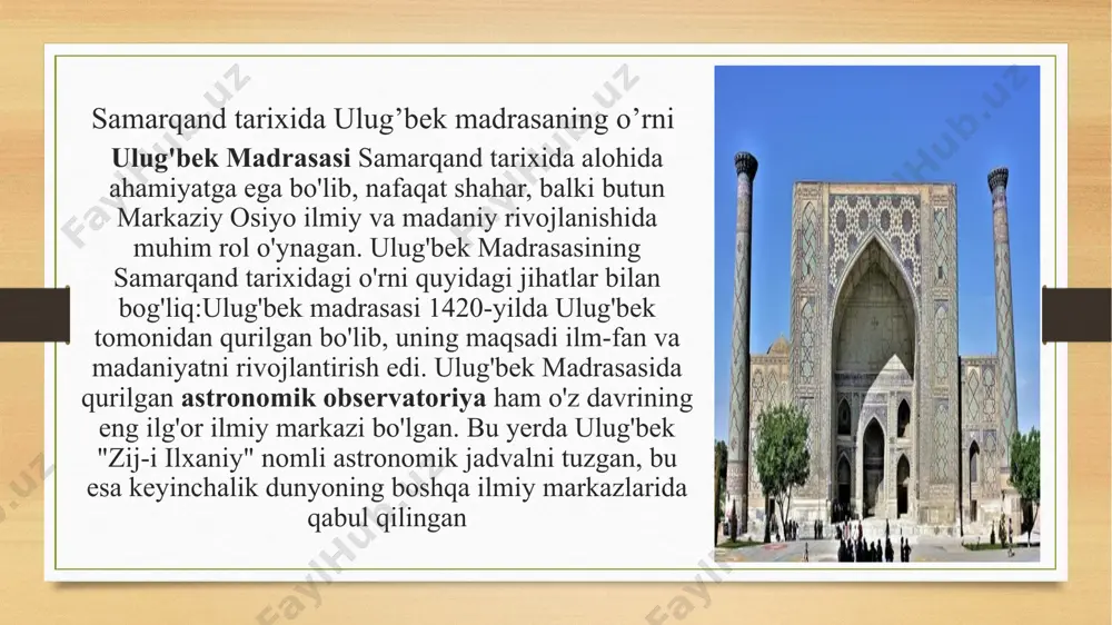 yo va islom dunyosining madaniy va ilmiy merosining ajralmas qismidir. madrasaning tarixiy saqlanishi uchun ko'plab saqlovchilar, arxitektorlar va restavratorlar tomonidan o'rganish va tiklash ishlari olib borilgan. 20-asrda amalga oshirilgan ta'mir va konservatsiya ishlari natijasida ulug'bek madrasasi hozirgi kunda ham o'zining asl me'moriy ko'rinishini saqlab qolgan. samarqandning tarixiy yodgorliklari (shu jumladan ulug'bek madrasasi) unesconing jahon merosi ro'yxatiga kiritilgan, bu esa uning xalqaro ahamiyatini va saqlanishiga qaratilgan sa'y-harakatlarni kuchaytiradi. ulug'bek madrasasi nafaqat me'moriy obida, balki madaniy meros sifatida ham saqlanishi kerak. bu madrasaning ilmiy va madaniy ta'lim markazi sifatidagi roli, uning o'zida jamlagan madaniy boyliklar va tarixiy yodgorlik sifatida ahamiyatini oshiradi. bugungi kunda, turizm va madaniy tadbirlar orqali, bu merosni nafaqat mahalliy aholiga, balki butun dunyo xalqlariga tanishtirishga katta e'tibor qaratilmoqda. tarixiy saqlanishi uning tarixiy va me'moriy saqlanishi, madaniyatni va ilm-fanni rivojlantirishga bo'lgan katta hissa qo'shadi. bu obidaning saqlanishi faqat uning tashqi ko'rinishini tiklash bilan cheklanmaydi, balki uning ilmiy merosini, ta'limiy faoliyatini …
