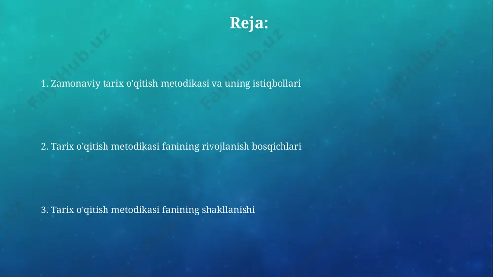ra, tarixga bo'lgan qiziqishni 15% ga oshirdi va mustaqil fikrlash ko'nikmalarini rivojlantirdi. tarix fanining rivojlanishi va uning ta'siri o’zbekistonda 1990-yillardan keyin milliy tarixni o’qitishga e’tibor kuchayib, yangi darsliklar va o’quv qo’llanmalar milliy madaniyat va tarixga bag’ishlangan 30 dan ortiq yangi loyihalar yaratildi. 19-asr oxiri – 20-asr boshlarida yevropa mamlakatlarida tarix ta’limi metodologiyasi taraqqiyotining tezlashuvi, tarixni ilmiy-pedagogik fan sifatida shakllanishiga olib keldi. tarix o'qitishning yangi texnologiyalari тарих фанини ўқитишда онлайн платформалар, хусусан, 2020 йилдан кейин google classroom ва moodle каби ресурслардан фойдаланиш 2 баравар кўпайган, бу эса масофавий таълим имкониятларини кенгайтирди. xxi асрда ўзбекистонда тарих ўқитишда интерактив доскалар ва 3d моделинг каби 5 дан ортиқ янги технологиялар самарали қўлланилмоқда, бу ўқув жараёнини янада қизиқарли ва самарали қилади. o'quv dasturlari va o'quv qo'llanmalarning roli o'quv qo'llanmalarining samaradorligi, masalan, samarqand davlat universiteti tajribasida ko'rsatilganidek, o'quvchilarning manba bilan ishlash ko'nikmalarini 30% ga oshirishga yordam beradi. yangi o'quv dasturlari va qo'llanmalarning joriy etilishi natijasida, 2000-yillarning …
