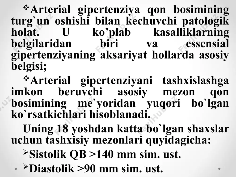 zin-aldosteron tizimi faollashuvi mineralkortikoidlar roli hujayralar membranasi orqali kationlar transporti buzilishi buyrak ekskretor funktsiyasi buzilishi semizlik va giperinsulinemiya endoteliy disfunktsiyasi arterial gipertenziya rivojlanish mexanizmi simpatik faollikning oshishi angiotenzinogen renin angiotenzin i angiotenzin hosil qiluvchi ferment buyrakda qon aylanishining susayishi angiotenzin ii vazokonstriktsiya aldosteron natriy reabsortsiyasi oshishi suv-tuz muvozanati yuklamaning oshishi periferik qarshilikning oshishi keyingi yuklamaniung oshishi gkda qon tomirlar tonusining oshishi va remodulyatsiyasida angiotenzin o'zgartiruvchi fermentning ahamiyati qon tomir diametri va devori qalinligi nisbati (kernogan indeksi) normada (a) va gk da (b). gipertoniya kasalligini nishon azolari zararlanishi darajasidan kelib chiqib tasniflash, bsst, 1993) bos-qichi aqb nishon azolari zararlanishi i aqb ≥ 140/90 nishon azolari zararlanishining obyektiv belgilari mavjud emas ii aqb ≥ 140/90 nishon azolari zararlanishining kamida 1 ta belgisi mavjud: chap qorincha gipertrofiyasi (rentgenografiya, ekg, exokg); ko’z to’r pardasi tomirlarining to’liq yoki mahalliy torayishi va buyrak arteriyalarining zararlanishi; proteinuriya va/yoki qon plazmasida kreatinin darajasining bir oz oshishi (1,2- 2,0 …