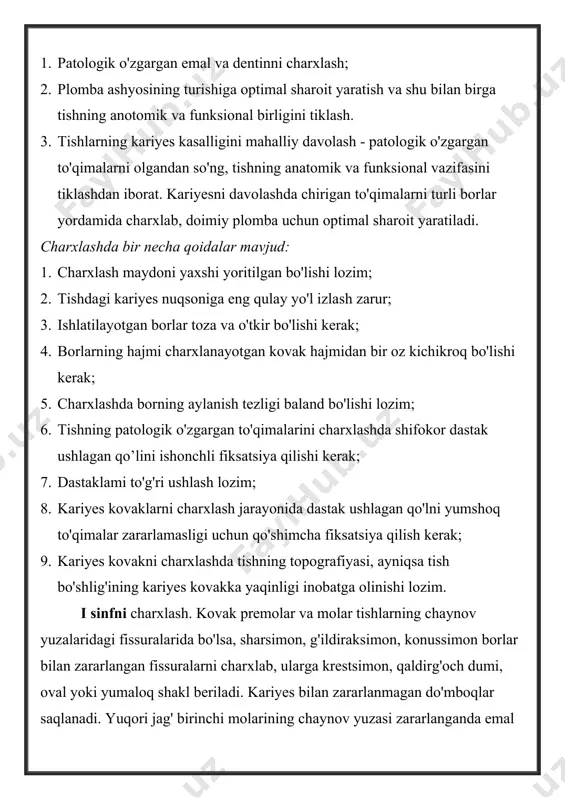 i ushlash lozim; 8. kariyes kovaklarni charxlash jarayonida dastak ushlagan qo'lni yumshoq to'qimalar zararlamasligi uchun qo'shimcha fiksatsiya qilish kerak; 9. kariyes kovakni charxlashda tishning topografiyasi, ayniqsa tish bo'shlig'ining kariyes kovakka yaqinligi inobatga olinishi lozim. i sinfni charxlash. kovak premolar va molar tishlarning chaynov yuzalaridagi fissuralarida bo'lsa, sharsimon, g'ildiraksimon, konussimon borlar bilan zararlangan fissuralarni charxlab, ularga krestsimon, qaldirg'och dumi, oval yoki yumaloq shakl beriladi. kariyes bilan zararlanmagan do'mboqlar saqlanadi. yuqori jag' birinchi molarining chaynov yuzasi zararlanganda emal valigi saqlanadi. bunda 2 ta kovak hosil qilinadi. yuqori jag' premolarlari va pastki jag'ning ikkinchi premolarlari fissuralari bo'ylab kovak shakllantiriladi. fissuralar butunlay charxlanadi, chunki ular uzluksiz zararlangan bo'ladi. molarning lunj yuzalarini fissura zararlanganda chaynov yuzaga qaragan devori saqlanadi. zararlangan fissure charxlanib, chaynov yuzasiga chiqarmasdan oval shaklda charxlanadi va qo'yilgan plombaning mustahkamligini tekshirib ko'riladi. molar tishlarning lunj va chaynov yuzalarida kovak bo'lsa, ularbirlashtiriladi. agar molar tishlarining lunj yuzasidagi fissure zararlansa, chaynov yuzasiga chiqarilib charxlanadi va …