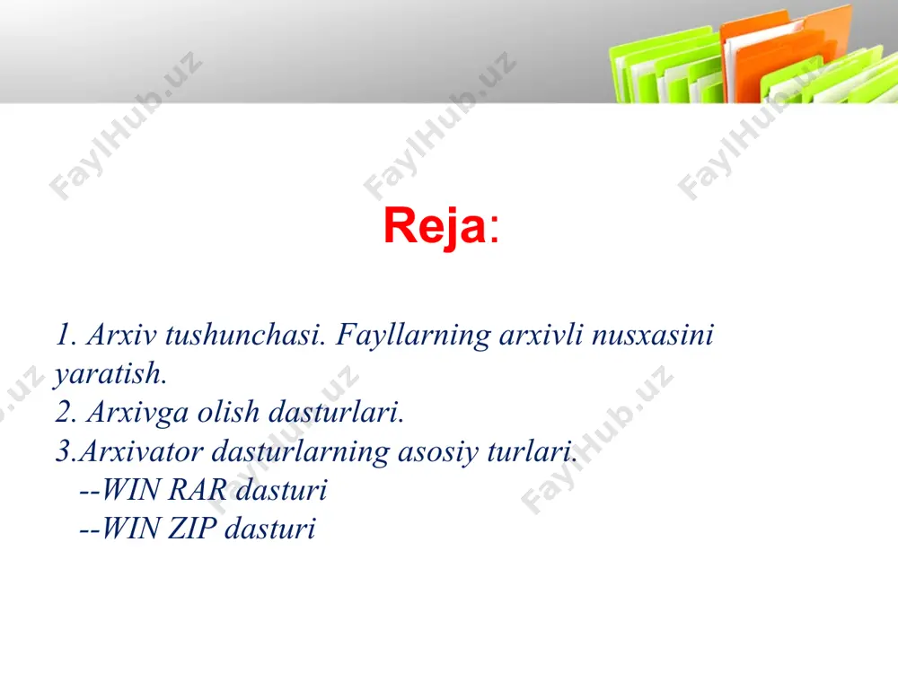bilan ishlashga ham moslashtirish mumkin. winzip dasturini ishga tushirish: vazifalar panelidan «пуск» tugmasi bosiladi va windows bosh menyusi ochiladi; “программы” banфdidan winzip tanlanadi; ekranda winzip oynasi ochiladi. win zip oynasi quyidagilardan iborat: oyna nomi va menyu. menyu oyna nomi ostida joylashgan satrida winzip dasturi buyruqlari joylashgan. menyu ostida uskunalar paneli joylashgan. bu panelda tez-tez bajariladigan buyruqlarni ifodalaydigan 8 ta yirik tugmalar joylashgan. таблица атрибутов файлов- bu arxivlashtirilgan fayllar xaqida turli axborotlar joylashgan bir necha ustunlardan iborat bo’lgan jadval: name - fayl nomi va bu faylni ochish mumkin bo’lgan dastur piktogrammasi; modified-faylning oxirgi marotaba o’zgartirish ish muddati; size- faylning arxivlashtirilgunga qadar bo’lgan baytlardagi xajmi; ratio- arxivlangan faylning birlamchi holatiga nisbatan foizi; packed- arxiv fayl kattaligi; path- arxiv faylning asl nusxasi joylashgan katalogga yo’l. oynaning pastki qismida «стрoки состояния» holat satri joylashgan. winzip arxivatori turli ko`rsatkichlarni sozlash uchun katta imkoniyatlarga ega. masalan: arxivlashda faylni ixchamlashning turli xil darajalarini o`rnatish mumkin. arxivning mumkin …