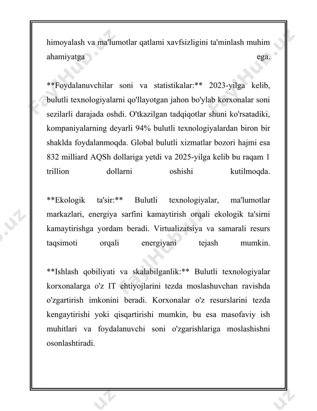 hqarish va ularga kirishni tashkil etishga imkon beradi. quyida bulutli saqlashning bir necha turdagi asosiy afzalliklari keltirilgan: 1. **qulaylik va har qanday joydan foydalanish imkoniyati**: bulutli saqlash xizmatlari internet orqali ma'lumotlarga kirishni ta'minlaydi. bu, foydalanuvchilarga o'z ma'lumotlariga istalgan joydan, istalgan vaqtda, turli xil qurilmalardan kirish imkonini beradi. shu tariqa, ishchilar har qanday joydan masofaviy ishlash imkoniyatiga ega bo'ladilar. 2. **xarajatlarni tejash**: bulutli saqlashning eng katta afzalliklaridan biri bu tezkor joriy qilish va xarajatlarni qisqartirishdir. an'anaviy saqlash infratuzilmasini joriy qilish katta sarmoyalar talab qilsa, bulutli saqlash xizmatlari foydalanish uchun haq to'lash (pay-as-you-go) modeli asosida ishlaydi. bu esa bizneslarga zarur saqlash resurslarini tez va oson olish imkonini beradi, ortiqcha xarajatlarni kamaytiradi va kapital sarmoyalarni operatsion xarajatlarga aylantiradi. 3. **moslashuvchanlik va kengaytirish imkoniyati**: bulutli saqlash xizmatlarining infratuzilmasi moslashuvchanlik va kengaytirish imkonini beradi. tashkilotlar o'zlarining saqlash talablariga qarab resurslar hajmini osonlik bilan oshirishlari yoki kamaytirishlari mumkin. bu, katta hajmdagi saqlash loyihalari uchun juda zarur …