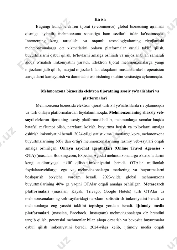 raqamli marketing vositalari mehmonxonalarga o'z brendini targ'ib qilish va maqsadli auditoriyani jalb qilish uchun keng imkoniyatlar yaratadi. daromadning oshishi kengroq auditoriyaga chiqish, buyurtma berish jarayonining soddaligi va marketingning samaradorligi hisobiga mehmonxonalar o'z daromadlarini sezilarli darajada oshirishlari mumkin. 2024-yilgi tahlillarga ko'ra, elektron tijoratni faol qo'llagan mehmonxonalar daromadlarining o'sish sur'ati o'rtacha 15% ni tashkil etgan. mehmonxona biznesida elektron tijoratni rivojlantirish tendensiyalari va kelajak istiqbollari mehmonxona biznesida elektron tijorat so'nggi yillarda jadal rivojlanmoqda va kelajakda yanada keng tarqalishi kutilmoqda. mobil tijoratning o'sishi smartfonlar va planshetlardan internetga kirishning ommalashuvi bilan mehmonxona buyurtmalarining ko'proq qismi mobil qurilmalar orqali amalga oshirilmoqda. mehmonxonalar o'z veb-saytlari va mobil ilovalarini mobil qurilmalar uchun optimallashtirishlari zarur. shaxsiylashtirishning kuchayishi mehmonlar haqidagi ma'lumotlarni tahlil qilish orqali mehmonxonalar ularga shaxsiy takliflar, xizmatlar va kontent taqdim etishga intilmoqda. sun'iy intellekt (ai) bu borada muhim rol o'ynaydi. ovozli qidiruv va virtual yordamchilarning ommalashuvi kelajakda mehmonlar ovozli buyruqlar orqali mehmonxona xizmatlarini qidirish va buyurtma berish imkoniyatiga …