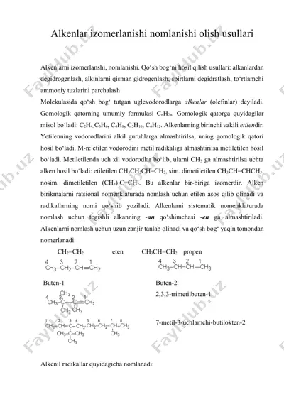 alkenlar izomerlanishi nomlanishi olish usullari — DOCX