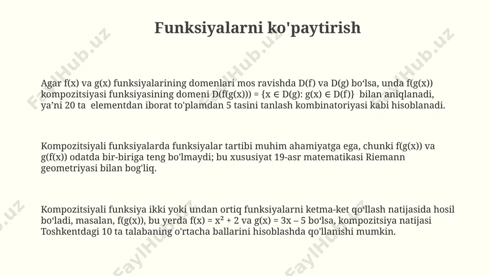 nmalar kompozitsiya funksiyalari 3 o'lchovli grafikalarni 2 o'lchovli ekranlarda ko'rsatishda, masalan, google earth dasturida, 3000 dan ortiq nuqtalarni proektsiyalashda qo'llaniladi. signal qayta ishlashda, masalan, audio signallarni filtrlashda, 1000 gts chastota oralig'idagi tovushlarni aniqlash uchun kompozitsiya funksiyalari muhim rol o'ynaydi. to'rtburchak integralni hisoblashda, masalan, toshkentdagi 5 kvadrat kilometr maydonning yomg'ir miqdorini hisoblashda, kompozitsiya funksiyalari samarali hisob-kitoblarni amalga oshirishga yordam beradi. murakkab funksiyalar va differensial tenglamalar differensial tenglamalarni yechishda murakkab funksiyalarning, xususan, trigonometrik va eksponent funksiyalarining 3tadan ortiq qoʻshilgan hosilalarini hisoblashda toshkentdagi oliy oʻquv yurtlarida 5-kurs talabalariga maxsus mashgʻulotlar oʻtkaziladi. cheksiz koʻp marta differentsiallanuvchi murakkab funksiyalarning 10 ga yaqin xususiyatlarini oʻrganish differensial tenglamalarni tahlil qilishda muhim rol oʻynaydi, buning uchun xiva shahridagi tarixiy kutubxonalarning arxiv materiallaridan foydalanish mumkin. murakkab funksiyalarni 2-tartibli differensial tenglamalarga qoʻllash, masalan, y'' + 3y' + 2y = f(x) tenglamasida f(x) = sin(2x) boʻlganda, samarqanddagi 19-asr matematiklarining yechimlarini tahlil qilish muhim ahamiyatga ega. murakkab funksiyalarning grafiklari agar f(x) va …