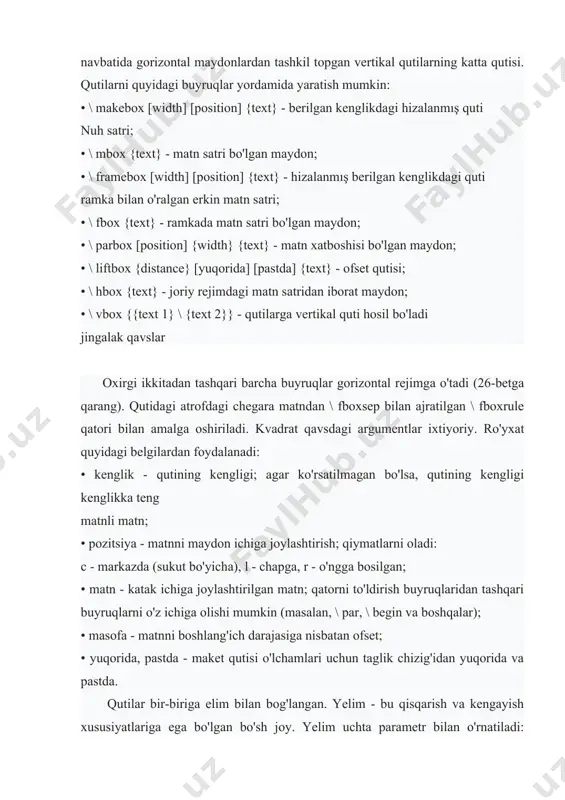 ai nazaridan) elim o'lchamini aniqlagandan so'ng, quti qattiq bo'ladi va endi o'zgarmaydi. gorizontal yopishqoqning misoli - so'z oralig'i. uning kattaligi tanlangan shrift va uning o'lchamiga bog'liq. amaldagi shrift uchun (oldstandart, 10 pt) u \ elim 2.8 plyus 1,4 minus 0,93333 deb belgilangan. bundan tashqari, qutilar yadro bilan bog'langan bo'lishi mumkin. u elimga o'xshaydi, lekin cho'zilib yoki qisqarolmaydi. yadroda chiziq uzilishi sodir bo'lmaydi. \ kern .16667em.tex sifatida aniqlangan ingichka bo'sh joyni (5-jadval) yadrolarga misol qilib ko'rsatish mumkin, bu so'z bo'shliqlarini o'zgartirish algoritmidan foydalanib, gap oxiridagi bo'shliq va tinish belgilaridan keyin kengayib boradi. kirish so'zidagi \ frenchspacing buyrug'i rus tilida ishlatilmaydigan ushbu oraliq algoritmini o'chirib qo'yadi. bunday holda, barcha bo'shliqlar bir xil bo'ladi. 5-jadvalda ko'rsatilgan buyruqlar yordamida har xil bo'shliqlarni ko'rsatish mumkin. ushbu jadvaldagi oxirgi ikkita bo'shliq faqat matematik rejimda ishlatilishi mumkin. matnni terish uchun har xil kenglikdagi bo'shliqlardan foydalanish mumkin, masalan \, (bo'sh joy). bo'shliqlar tex nomi kengligi \ quad ingichka …