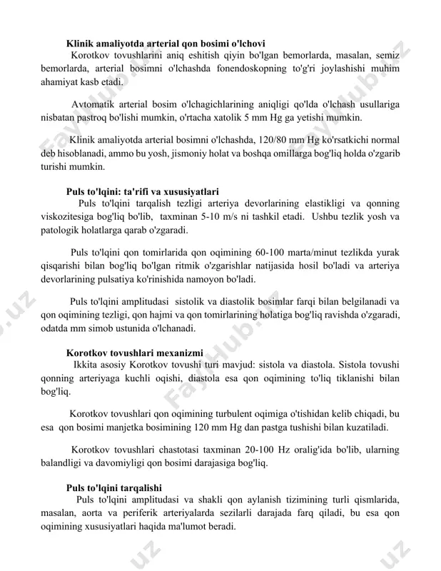kasb etadi. avtomatik arterial bosim o'lchagichlarining aniqligi qo'lda o'lchash usullariga nisbatan pastroq bo'lishi mumkin, o'rtacha xatolik 5 mm hg ga yetishi mumkin. klinik amaliyotda arterial bosimni o'lchashda, 120/80 mm hg ko'rsatkichi normal deb hisoblanadi, ammo bu yosh, jismoniy holat va boshqa omillarga bog'liq holda o'zgarib turishi mumkin. puls to'lqini: ta'rifi va xususiyatlari puls to'lqini tarqalish tezligi arteriya devorlarining elastikligi va qonning viskozitesiga bog'liq bo'lib, taxminan 5-10 m/s ni tashkil etadi. ushbu tezlik yosh va patologik holatlarga qarab o'zgaradi. puls to'lqini qon tomirlarida qon oqimining 60-100 marta/minut tezlikda yurak qisqarishi bilan bog'liq bo'lgan ritmik o'zgarishlar natijasida hosil bo'ladi va arteriya devorlarining pulsatiya ko'rinishida namoyon bo'ladi. puls to'lqini amplitudasi sistolik va diastolik bosimlar farqi bilan belgilanadi va qon oqimining tezligi, qon hajmi va qon tomirlarining holatiga bog'liq ravishda o'zgaradi, odatda mm simob ustunida o'lchanadi. korotkov tovushlari mexanizmi ikkita asosiy korotkov tovushi turi mavjud: sistola va diastola. sistola tovushi qonning arteriyaga kuchli oqishi, …