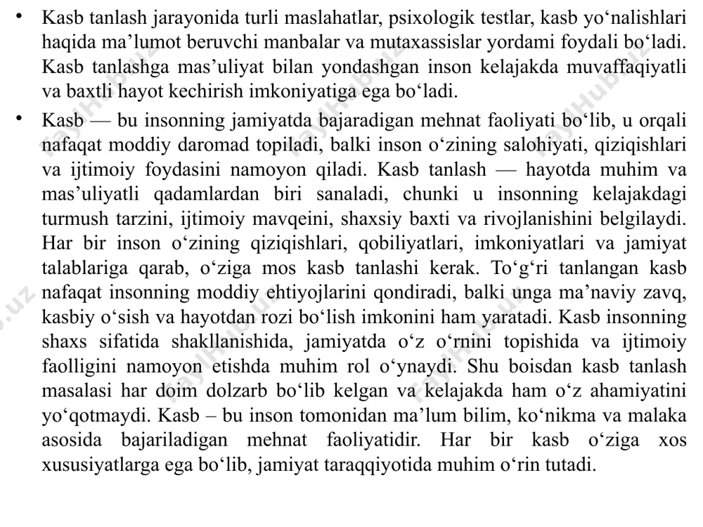 hda bo‘ladi, o‘z ustida ishlaydi, yangiliklarga ochiq bo‘ladi. agar inson o‘ziga mos, qiziqishiga yaqin va ijtimoiy ehtiyojlarga javob beradigan kasbni tanlasa, bu uning hayotda mustaqil bo‘lishiga, o‘z mehnati bilan yashashiga va boshqalarga namuna bo‘lishiga xizmat qiladi. aksincha, tasodifiy yoki atrofdagilarning bosimi bilan tanlangan kasb insonni qiynashi, uning iste’dodini ro‘yobga chiqarishiga to‘sqinlik qilishi, hatto hayotdan norozilik keltirib chiqarishi mumkin. shu sababli har bir inson o‘z kasbini ongli ravishda, o‘zining ichki dunyosi, qobiliyati va kelajakdagi orzu-umidlarini hisobga olgan holda tanlashi zarur. kasb tanlashda shoshilmaslik, turli sohalar haqida keng ma’lumotga ega bo‘lish, ustozlar va mutaxassislarning fikrlarini tinglash, shuningdek, amaliyot orqali o‘zini sinab ko‘rish muhim ahamiyatga ega. xulosa qilib aytganda, kasb tanlash inson hayotining yo‘nalishini belgilab beruvchi muhim omildir. to‘g‘ri tanlangan kasb insonni baxtli, faol, erkin va muvaffaqiyatli qiladi. shu bois har bir inson bu tanlovga jiddiy yondashishi, o‘zining hayotiy yo‘lini mas’uliyat bilan belgilashi kerak. xo’sh, maktab o’quvchilarining kasb tanlashdagi xatolari nimalardan iborat, bulardan …