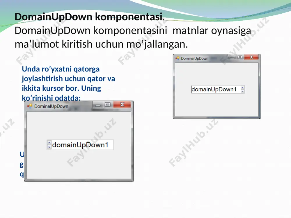 qtinchalik o’chirish va matnini ham tozalash uchun kiritildi. ya’ni bu kodlar dasturni quydagi holatga keltiradi: biz dasturni ishga tushirib domainupdown1 dan faslni tanlaganimizda kigin domainupdown2 ga oylar ro’yhati kiritiladi. demak biz domainupdown1 ni ustiga ikki martta chirtib quydagi kodni yozamiz. bu kod domainupdown1 da bahor fasli tallangan bo’lsa, domainupdown2 ro’yhatini tozalab unga shu fasldagi oylar ro’yhatini kirgazadi, domainupdown2 ning dastlabgi matniga bahor faslida quydagi oylar bor deb yozadi. boshlang’ich sinf o’quvchilarini qo’shish ayrish amallarida olgan bilimlarini bahlolovchi dastur. bu dasturda foydalanuvchi qaysi amalga doyir misol yechishni hohlasa shu amalni tanlaydi, sonlar oralig’ini ham kigin dastur kerakli joylarga sonlarni chiqarib beradi. misollarni yechib kerakli joylarga javoblarni yozib tekshirish tugmasini bosilsa dastur nechta tog’ri javob berilganini aniqlab beradi. dasturni yaratish uchun quydagi holat yaratilib olinadi. dasturdagi misollarda manfiy son chiqishi kerak emas. chunki manfiy son tushunchasi 6 sinfda kirib keladi. dasturni ishlatib natijalarni olamiz: ayrish amali tanlansa qo’shish amali tanlansa teng yonli …