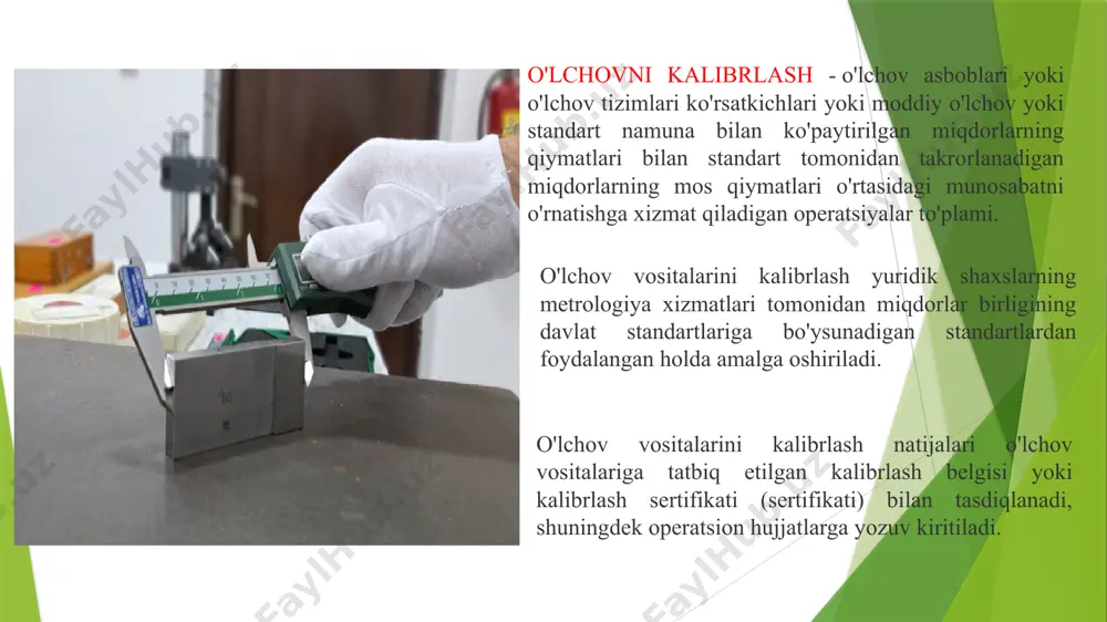 'minotning asosiy maqsadi va vazifasi -metrologik ta'minotning o‘z oldiga qo‘ygan asosiy maqsadlari: mahsulot sifatini, ishlab chiqarish va uni avtomatlashtirishning samaradorligini oshirish; -detallar va agregatlarning o‘zaro almashuvchanligini ta'minlash; -moddiy boyliklarning va energetik resurslarining hisobini olib borish ishonchliligini ta'minlash; -atrof-muhitni himoya qilish; -salomatlikni saqlash va hokazolar. image1.jpeg image2.jpeg image3.jpeg image4.jpeg image5.jpeg image6.jpeg /docprops/thumbnail.jpeg