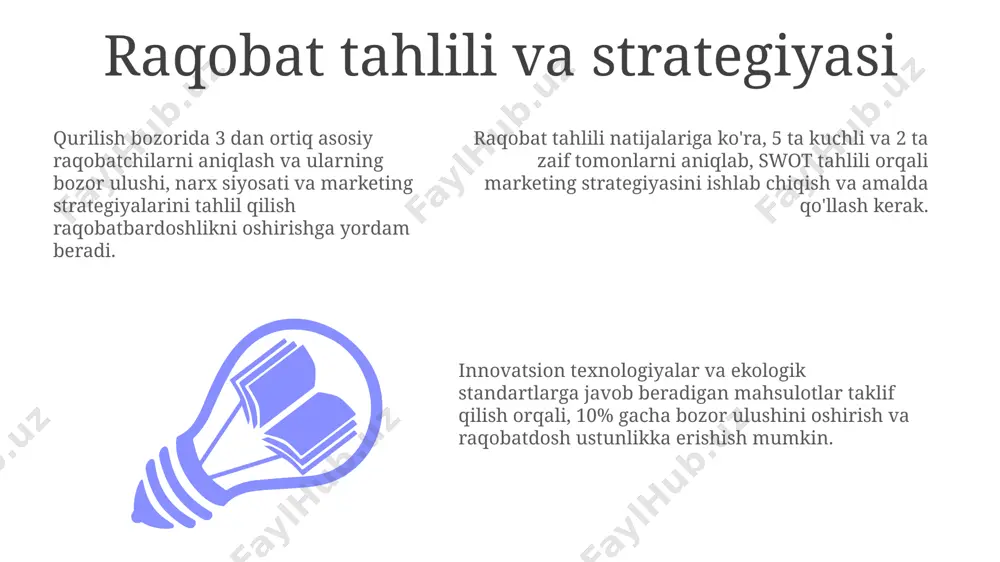 i. brendlash va korporativ identifikatsiya muvaffaqiyatli brendlash va korporativ identifikatsiya, marketing byudjetining kamida 15% ini tashkil qilishi, o'rtacha 2-3 yilda o'zini oqlashi va sotish hajmini 20% ga oshirishi mumkin. korporativ identifikatsiya esa, brendlashdan tashqari, kompaniyaning ichki madaniyati, xodimlar bilan aloqasi, marketing strategiyasi va xizmat ko'rsatish standartlarini o'z ichiga oladi, bu esa ishonchni 30% ga oshiradi. brendlash, kompaniyangizning noyob xususiyatlarini, 5 ta asosiy element – logotip, ranglar, shriftlar, tasvirlar va ohang orqali ifodalaydi va 70% dan ortiq potentsial mijozlarga ta'sir qiladi. e'tiboringiz uchun rahmat @taqdimot_robot image1.jpeg image2.jpeg image3.jpeg