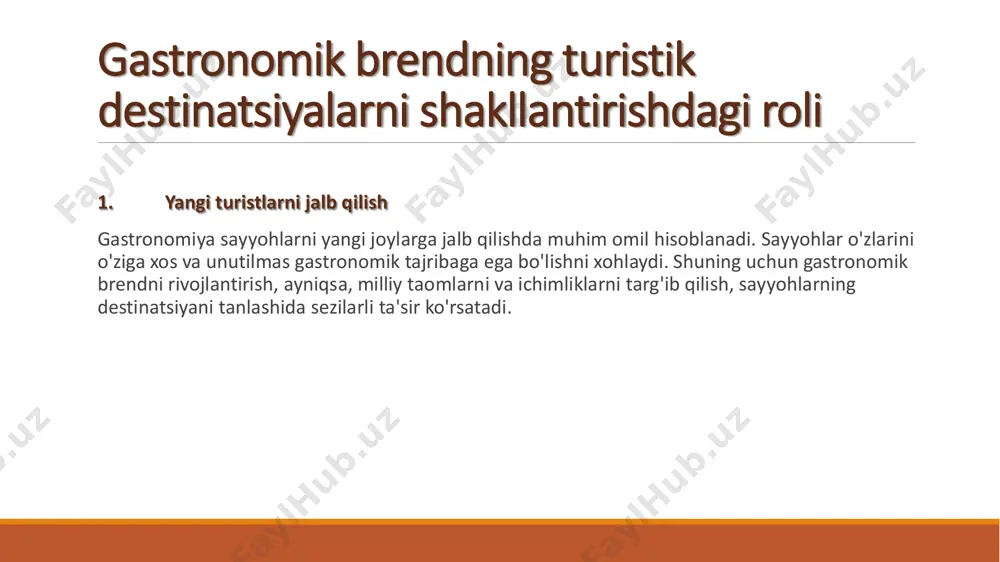 stronomik turizmni rivojlantirishda quyidagi omillar muhim ahamiyatga ega: • mahalliy taomlar va an'analar: har bir mintaqada o'ziga xos taomlar mavjud bo'lib, ular o'zlarining madaniyati va tarixiy kelib chiqishiga bog'liq. masalan, samarqand, buxoro, xiva kabi tarixiy shaharlarda o'ziga xos oshxonalar va taomlar mavjud. bu taomlar sayyohlarni jalb etish uchun turistik yo'nalishlarni shakllantirishda muhim ahamiyatga ega. • gastronomik festivallar va tadbirlar: o'zbekistonning turistik joylarida gastronomik festival va tadbirlar tashkil etish sayyohlar uchun jozibali bo'ladi. bunday tadbirlar orqali milliy taomlar, an'analar va madaniyatni keng ommaga tanishtirish mumkin. misol uchun, "samarqand gastronomiya festivali" yoki "buxoro osh festivalini" tashkil etish turistlar va gastronomiya ixlosmandlarini jalb etishda samarali bo'ladi. • mahsulotlar va ularning ishlab chiqarilishi: o'zbekistonning gastronomik brendi, shuningdek, o'ziga xos mahsulotlar va ularning ishlab chiqarilish jarayonini targ'ib qilishga asoslanadi. misol uchun, o'zbekistonda paxta, uzum va meva-sabzavotlar ishlab chiqarilishi gastronomiyaning asosiy manbalaridan biridir. sayyohlar bu mahsulotlarni to'g'ridan-to'g'ri hosil qilish jarayonida ishtirok etish imkoniyatiga ega bo'lishlari, ular …