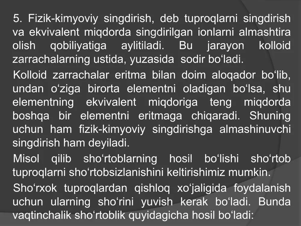 atdan hamma vaqt ham o‘zaro teng kelavermaydi. singdirilgan kationlar summasi ph ga bog‘liqligi uchun singdirish sig‘imiga teng yoki teng bo‘lmagan hollar tuproqlarda kuzatiladi. tuproqni singdirish sig‘imi ularning mexanik, minerologik tarkibiga, gumus miqdori va sifatiga bog‘liq bo‘ladi. tuproqni paydo bo‘lishida qatnashadigan minerallarni kation singdirish sig‘imi bir xil bo‘lmay, quyidagi ko‘rsatkichlarga ega. minerallar singdirish sig‘imi smektitlar 55-120 kaolinit 2-15 gallauzit 15-25 illit 20-40 wermikulit 60-150 xlorit 10-40 muskovit 10-50 allofanlar 50-100 montmorillonit 80-120 22-jadval ba’zi minerallarning kation singdirish sig‘imi mg.ekv100 g keltirilgan ma’lumotlarga ko‘ra eng kichik ko‘rsatkich kaolinitga to‘g‘ri kelsa nisbatan yuqori ko‘rsatkich vermikulit va montmorillonitga to‘g‘ri keladi. o‘zbekistonda tarqalgan tipik bo‘z tuproqlar, voha bo‘z-o‘tloqi hamda voha o‘tloqi tuproqlarining minerologik tarkibida gidroslyudalar, xlorit ko‘pchilikni tashkil qiladi va oz, juda oz miqdorda kaolinit va montmorillonitlar mavjud. agar tuproqning singdirish sig‘imini ana shu minerallar va gumus aks ettirishini e’tiborga olsak, tuproqlarimizning singdirish sig‘imi ancha kichik ekanligi ravshan bo‘ladi. buni quyidagi jadvaldan ko‘rish mumkin. elektrolitik …