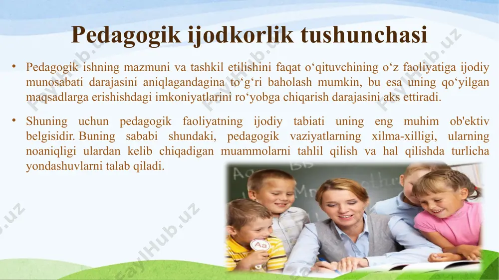 rinadigan narsalarni shubha ostiga qo'yish, yuzaki shakllantirishdan qochish, muammoni chuqur o'rganish va shu bilan birga haqiqatdan uzoqlashish, kelajakni ko'rish qobiliyatini ta'kidlaydi. ijodiy shaxsning tipologiyasi, v.i.andreev, o'qituvchilarga ham qo'llanilishi mumkin.mantiq nazariyotchisi - bu mantiqiy, keng umumlashtirish, ma'lumotlarni tasniflash va tizimlashtirish qobiliyati bilan ajralib turadigan ijodiy shaxs turi. bunday turdagi odamlar o'zlarining ijodiy ishlarini aniq rejalashtiradilar, ko'p jihatdan ular allaqachon ma'lum bo'lgan ilmiy tadqiqot usullaridan foydalanadilar. o'qituvchining pedagogik kasbidagi kasbiy ijodkorlik pedagogik faoliyat tabiatan ijodiy xususiyatga ega ekanligi hozirda umumiy qabul qilingan. ijodkorlik - bu bilim va ko'nikmalarning yangi birikmalarini shakllantirish bilan mavjud tajribani qayta tashkil etish asosida yangi narsalarni yaratadigan faoliyat. ijodkorlikning natijasi pedagogik jarayonga innovatsiyalarni joriy etishdir innovatsiyalarning bir necha darajalari mavjud: pedagogik voqelikni o'zgartirishi mumkin bo'lgan ochiq, murosasiz fikrlar; pedagogik texnologiyaning yangi elementlarini ixtiro qilish, ishlab chiqish va joriy etish. pedagogik innovatsiyalar - bu allaqachon qo'llanilgan ta'lim va ta'lim usullari va vositalarini modernizatsiya qilish va muayyan sharoitlarga moslashtirish bilan …