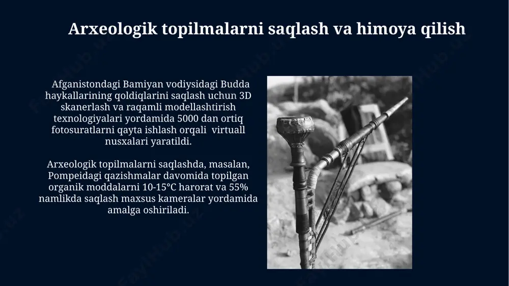 nduksiyasi (emi) usuli, 5 metr chuqurlikdagi suv osti arxeologik joylarini aniqlashda samarali bo'lib, xitoyning yangtse daryosi bo'ylarida suv osti madaniy merosini o'rganishda qo'llaniladi. magnitometriya usuli, 1000 ga yaqin artefaktlarni aniqlashga yordam berib, buyuk britaniyaning york shahridagi rim davri qoldiqlarini o'rganishda muhim rol o'ynadi. fotosur'atlarni qayta ishlash va tahlil qilish g'arbda joylashgan pompeya shahrining qazishmalaridan olingan fotosuratlarni tahlil qilishda, kompyuter tomonidan 20 dan ortiq ob'ektlar aniqlanib, ularning xronologik ketma-ketligi aniqlandi. yuqori aniqlikdagi fotosuratlarni qayta ishlashda, masalan, 10000 piksellik suratlarda, avtomatik rangni to'g'rilash algoritmlari yordamida angkor vat ma'badlarining 3d modellashuvi amalga oshirilmoqda. e'tiboringiz uchun rahmat @taqdimot_robot image5.jpg image6.jpg image7.jpg image8.jpg image9.jpg image10.jpg image11.jpg image12.jpg image13.jpg image14.jpg image15.jpg image16.jpg image17.jpg image18.jpg image1.jpg