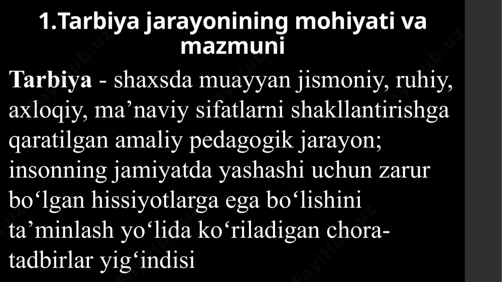 rning rivojlanish darajasi va pedagogik ta’sirni hisobga olish (g.i. shukina). tarbiya tamoyillari deb yosh avlodni tarbiyalash maqsadidan kelib chiqadigan va komil insonni tarbiyalashning mazmuni va yoʻnalishiga qoʻyiladigan eng muhim talablarni belgilab beruvchi asosiy gʻoya va qoidalar yigʻindisiga aytiladi. tarbiya tamoyillari quyidagilardan iborat tarbiyaning maqsadga yoʻnaltirilganligi va gʻoyaviyligi; tarbiyada demokratik va insonparvarlik gʻoyalarining ustunligi; tarbiyada milliy, umumbashariy qadriyatlarning ustunligi; tarbiyada izchillik va tizimlilik; tarbiyaning ijtimoiy hayot bilan qoʻshib olib borish; tarbiyani mehnat bilan bogʻlash; tarbiyalanuvchi shaxsni xurmat qilish; tarbiyada oʻquvchining yosh va alohida xususiyatlarini hisobga olish; jamoa va jamoa yordamida tarbiyalash; tarbiyada oʻquvchi xulqidagi ijobiy sifatlarga tayanib, salbiy tomonlarni yoʻqotish. tarbiyada milliy va umuminsoniy qadriyatlar ustunligi – xalqning koʻp asrlik qadriyatlarini, ulkan va boy merosini chuqur bilmasdan milliy oʻzlikni anglash, milliy gʻurur tuygʻusini qaror toptirish mumkin emas. shu bois, xalq an’analari, urf odatlari, marosimlari, xalq ogʻzaki ijodi, milliy oʻyinlar va ularda ifodalangan gʻoyalarni oʻquvchilar ongiga singdirish, ularda ushbu gʻoyaga nisbatan hurmatni …