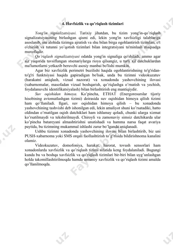 alanish ketma-ket uskunalar ishlab chiqarish uchun iqtisodiy jihatdan asoslanmagan. bundan tashqari, bu atama qo’lda ishlab chiqarilgan uskunalarni o’z ichiga oladi. shu bilan birga, bunga sanoat standartlariga va umuman e’lon qilingan texnik xususiyatlarga javob bermaydigan mahsulotlar ham kirishini hisobga olish kerak. 3. mikroharoratni tashkil etish va uni boshqarish mikroiqlim tizimi resurslarni ko’p talab qiladigan tizimlardan biridir. uni amalga oshirish jarayonida qulaylik va xarajatlarning maqbul muvozanatini izlab topiladi. ko’p qavatli uyda mikroiqlimni ta’minlashdagi chegaralovchi konstruksiyalar binodagi odamlarni yog’ingarchilikdan, shamoldan va to’g’ridan-to’g’ri quyosh nurlaridan himoya qiladi. tashqi panjurlar (pardalar) quyoshli kunlarda konditsioner narxini pasaytirishi mumkin, lekin shu bilan birga, xonada bo’lgan kishi, kunduzgi yorug’liksiz "qobiq" ichida bo’lishni xohlamaydi. bu shuni anglatadiki, panjurlarni boshqarish tizimi xavfsizlik harakati va mavjudlik sensori signallarini hisobga olishi va odamlar bilan xonalarda panjurlar yopilishiga yo’l qo’ymasligi kerak. bu panjurlarni boshqarish tizimining xavfsizlik tizimi bilan integratsiyasini talab qiladi. bino isitish moslamalari (markaziy isitish radiatorlari, pol osti elektr isitgichlari, infraqizil emitentlar …
