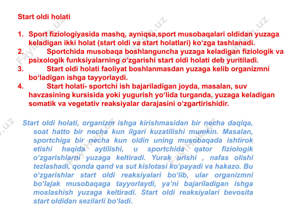 antirish bilan birga uning ishga kirishib ketish vaqtini qisqartiradi, ya’ni organizm ishga tezroq kirishib ketadi. razminka ikkita turga ajratiladi: umumiy razminka va maxsus razminka. umumiy razminka ish qobiliyatini oshirishga qaratilgan bo‘lib, asosan vegetativ funksiyalarni kuchaytirishi bilan ifodalanadi. ayniqsa yuqori tezlik bilan bajariladigan harakatlar uchun yurak tomir nafas organlarinng funksiyasi va tana haroratining biroz ko‘tarilishi muhim ahamiyatga ega. maxsus razminka har bir sport turi uchun xos bo‘lgan mashqlar kompleksidan iborat bo‘lib u aynan sport turi bilan shug‘ullanganda mashq va musobaqa oldidan o‘tkaziladi. ishga kirishish razminka mashqlar ta’sirida fiziologik funksiyalarning rivojlanishi organizmning ish qobiliyatini eng yuqori darajaga ko‘tarilishi uchun yetarli bo‘lmaydi. aytmoqchimizki, razminka fiziologik sistemalarning safarbar etilishi to‘la ta’minlay olmaydi. shuning uchun ham organizm asosiy ishni bajara boshlagandan keyin ma’lum vaqtgacha fiziologik funksiyalarning rivojlanishi yuz beradi. ular bir tekisda davom etib, turg‘un holatga o‘tadi. ishga kirishib olish muskul ishining boshlanish davrida fiziologik funksiyalarning berilgan ishni muvaffaqiyatli bajarish uchun zarur bo‘lgan yangi funksional …