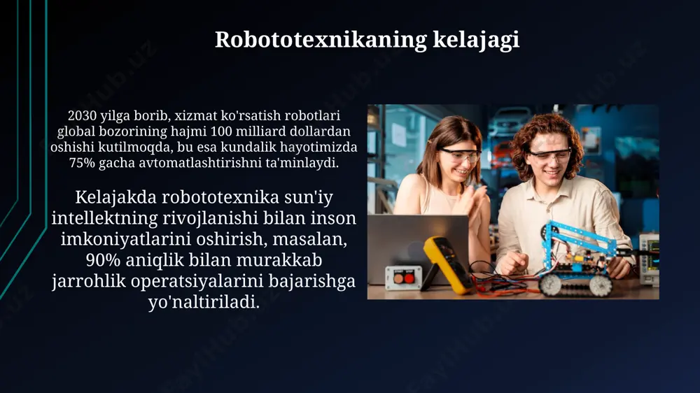 rni xavfsiz va samarali yetkazib berishni ta'minlaydi, inson xatolarini kamaytiradi va vaqtni tejaydi. dasturlash va sun'iy intellekt sun'iy intellektning dasturlash bilan integratsiyasi robototexnika sohasida sezilarli yutuqlarga olib keldi, masalan, 99% aniqlik bilan ob'ektni aniqlash va ushlash. dasturlash sun'iy intellektda 3 asosiy rol o'ynaydi: ma'lumotlarni qayta ishlash, algoritmlarni yaratish va murakkab vazifalarni bajarish uchun 1000 qator kod yozish. robototexnikaning asosiy turlari mobil robotlar, avtomatik boshqariladigan transport vositalari (agv) va dronlar kabi, tashish va monitoringni amalga oshirish uchun mo'ljallangan va navigatsiya uchun 2d/3d xaritalardan foydalanadi. xizmat ko'rsatuvchi robotlar odamlarga yordam berish uchun mo'ljallangan, masalan, changyutgichlar, tibbiyotda qo'llaniladigan 3d-printerlar va xavfsizlik uchun uchuvchisiz samolyotlar. e'tiboringiz uchun rahmat @slaydtayor_bot image2.jpg image3.jpg image4.jpg image5.jpg image6.jpg image7.jpg image8.jpg image9.jpg image10.jpg image11.jpg image12.jpg image13.jpg