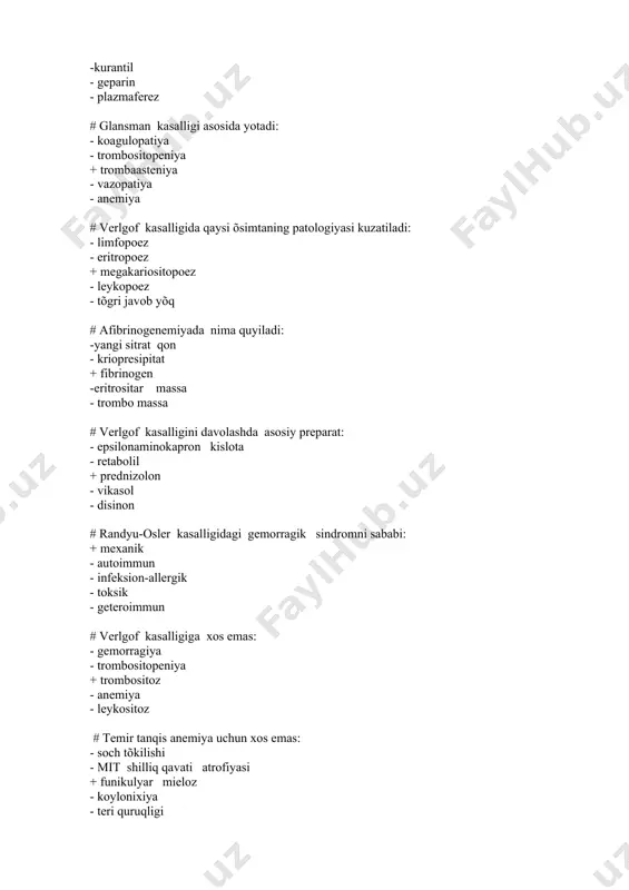 runkali mieloleykoz gemogrammasi uchun xos emas: - neytrofilez - giperleykositoz + leykopeniya - limfopeniya - anemiya # surunkali limfoleykoz uchun xos, bittasidan tashqari: - trombositoz - neytrofilyoz - agranulositoz + limfositoz - anemiya # surunkali limfoleykozni davolashda qõllanilmaydi: + sulfanilamid -leykeran - siklofosfan - prednizalon - leykositaferez # mielom kasalligi klinikasiga xos emas: -nefrotik sindrom + allergik sindrom - oqsil patologiyasi - suyak -destruktiv - anemic # mielom kasalligiga xos emas: - yuqori echt + echt pasayishi - giperkalsiemiya - giperproteinemiya - disproteinemiya # mielom kasalligini davolashda qõllanilmaydi: - siklofosfan + vitamin e - sarkolizin - vitamin d - eritropoetin # eritremiyaga xos emas: - trombositoz - eritrositoz + eritrositopeniya - neytrofilez - leykositoz # eritremiyada qõllanilmaydi: - mielosan - imifos + biostimulyator - eritrositoferez -antiagregant #eritremiyani asorati: - gepatorenal sindrom + insult - õtkir buyrak yetishmovchiligi - nefrotik sindrom - funikulyar mieloz # eritremiyada shikastlanish boshlanadi: + suyak kõmigini …